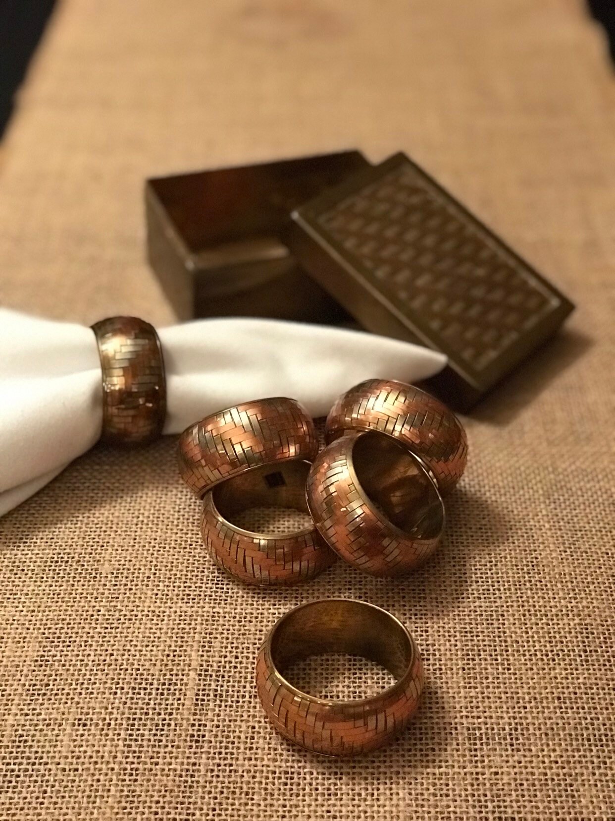 Vintage Metal napkin rings in Matching storage Box, Boho Tablescape Decor