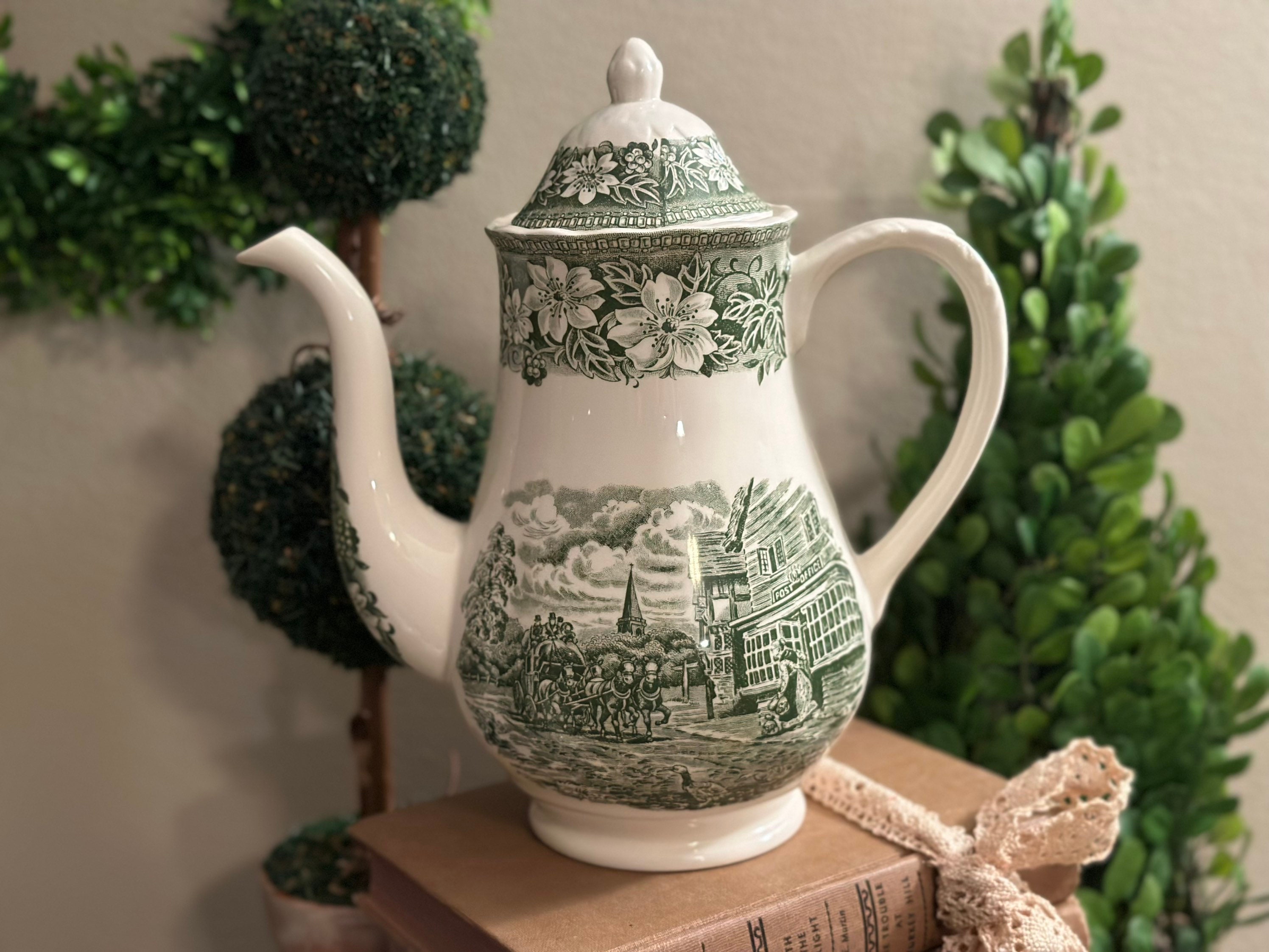 Old English Ironstone Teapot, Green transferware, Coaching Tavern, Collectible China, Vintage