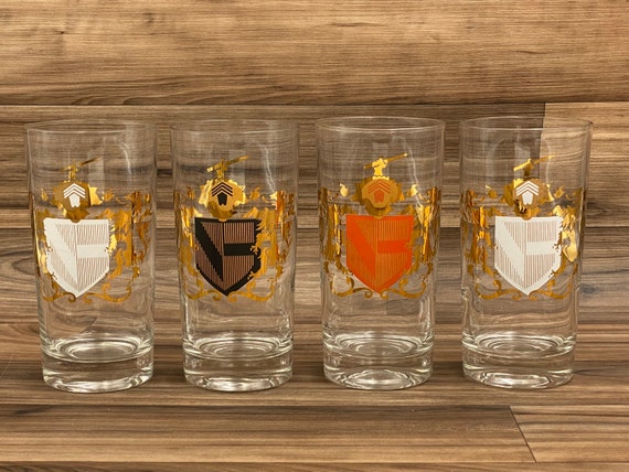 Mid Century Glassware Coat of Arms Glasses, collectible Medieval style Drink ware, gift for Him, Man Cave