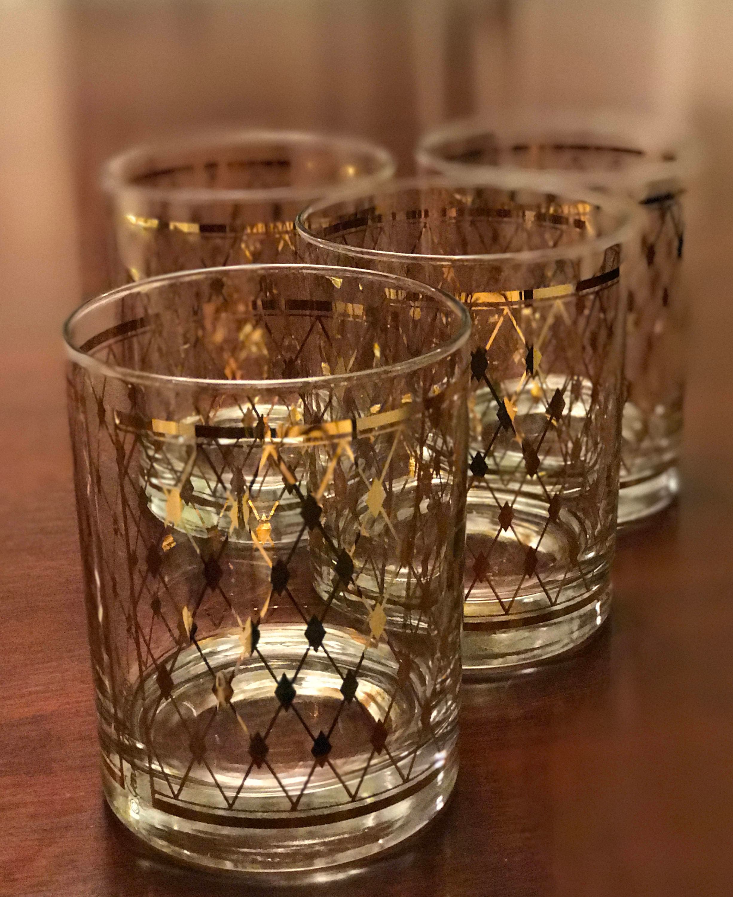 MidCentury Briard Rocks Glasses, Gold Harlequin Pattern Glasses