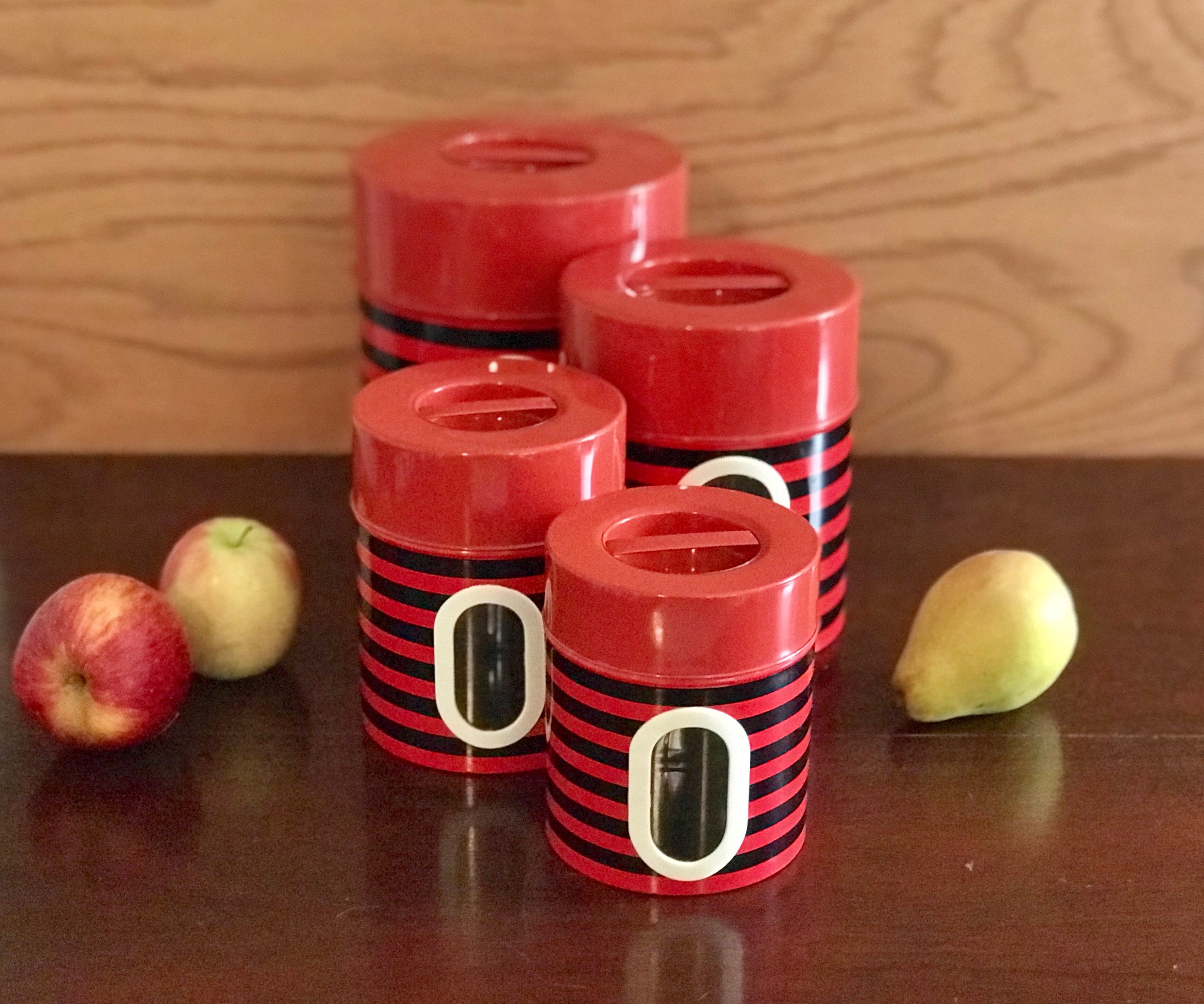 Vintage Red Black Stripe Canister set, Nesting Tin canisters, Kitschy