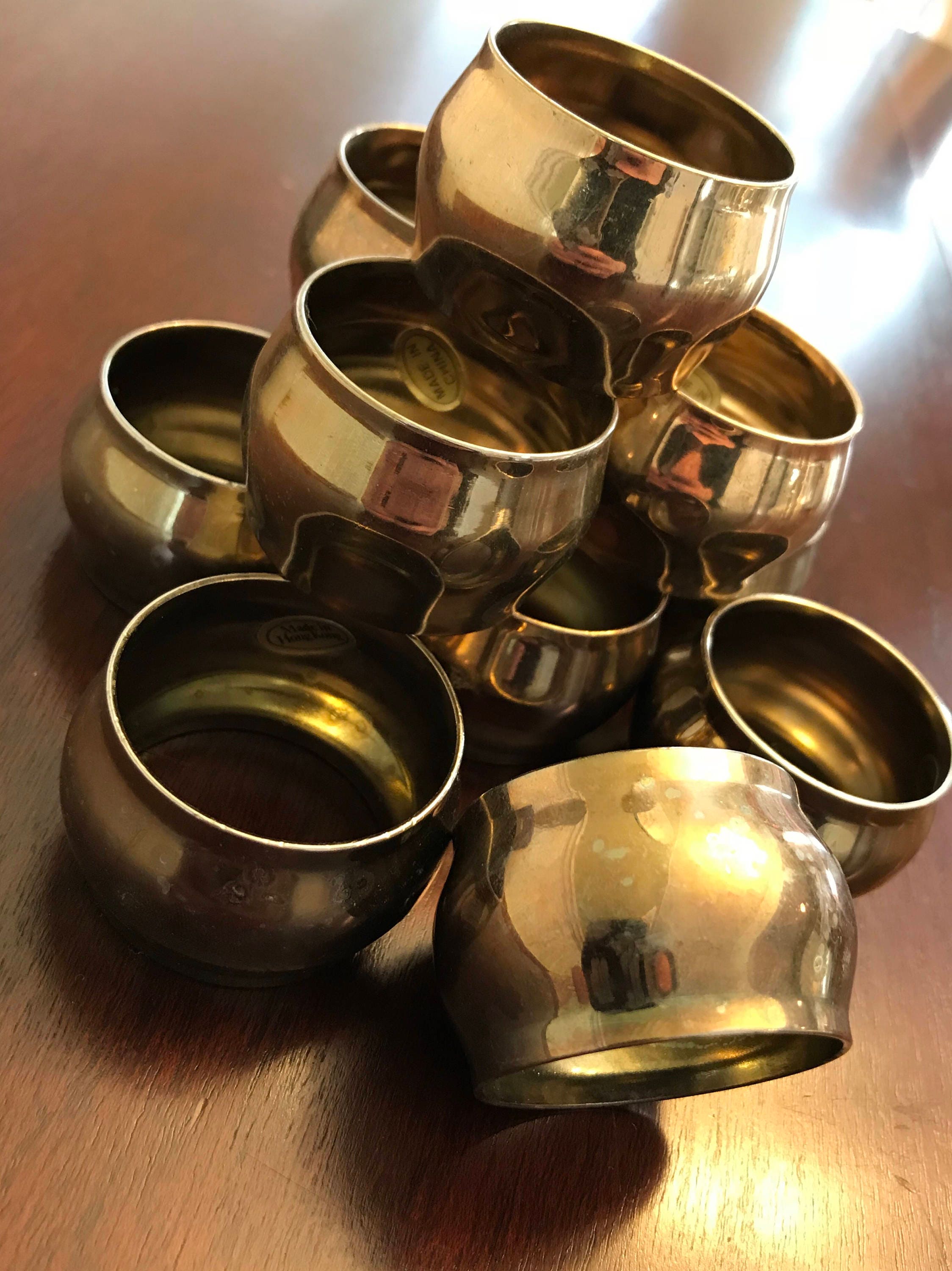 Vintage Solid Brass Napkin Rings, 10 piece set, Holiday dinner Napkin