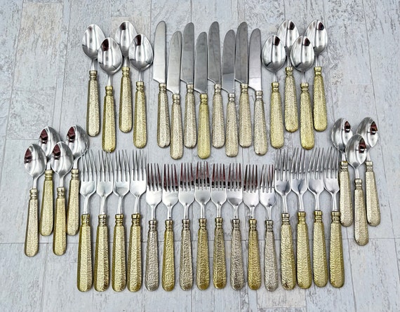 Vintage Pier 1 Gold Hammered Flatware Set - Stainless Steel Silverware