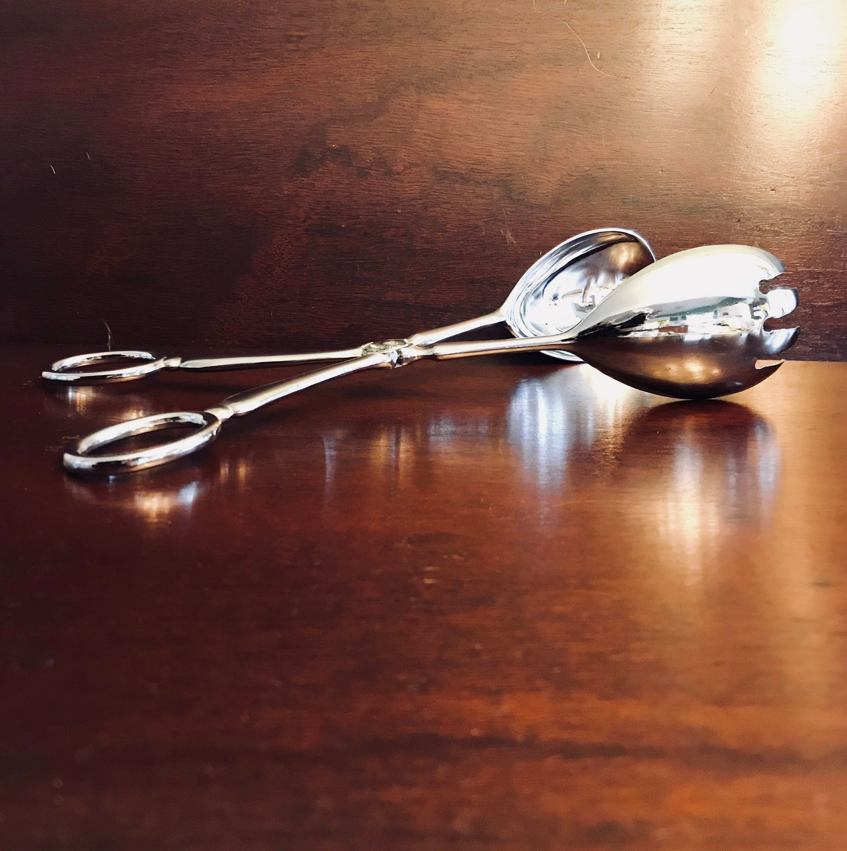 Vintage Silver Scissor handle Tongs, Salad Tongs, Large Party Tongs
