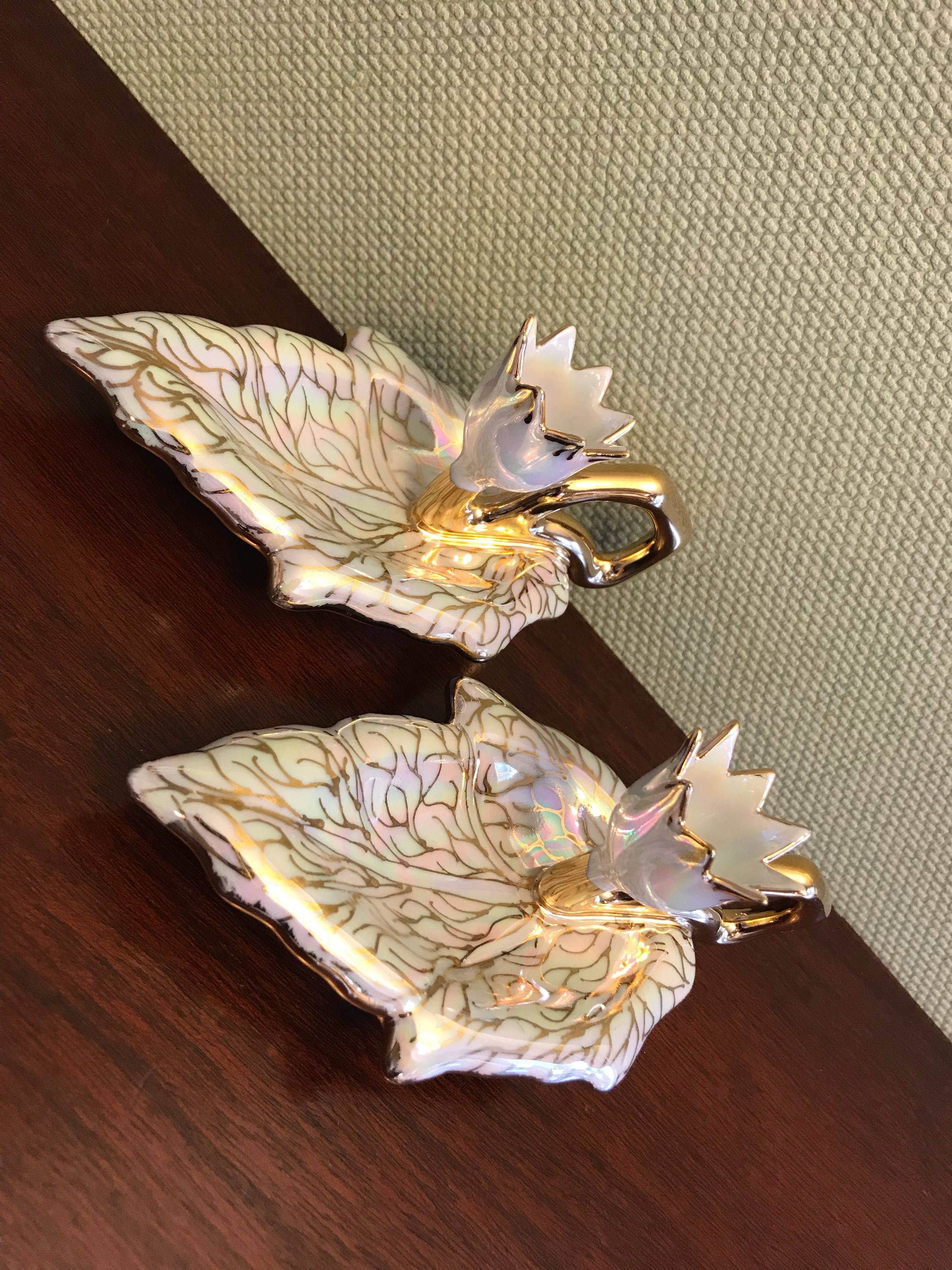 Vintage Handpainted Candlestick Holders, Porcelain iridescent Lotus
