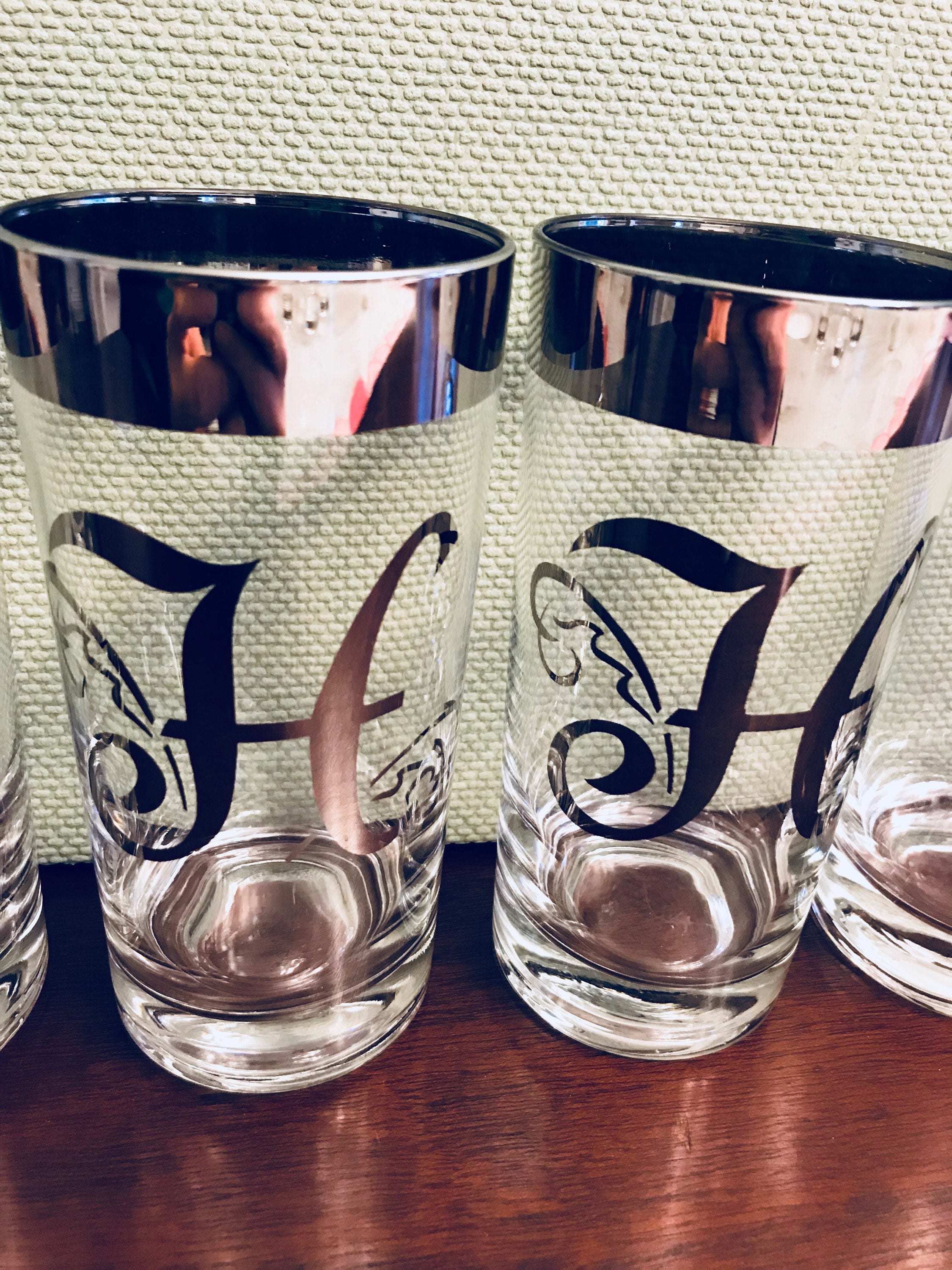 Mid Century Modern Monogrammed Glass Set, M Monogram Silver Drink ware