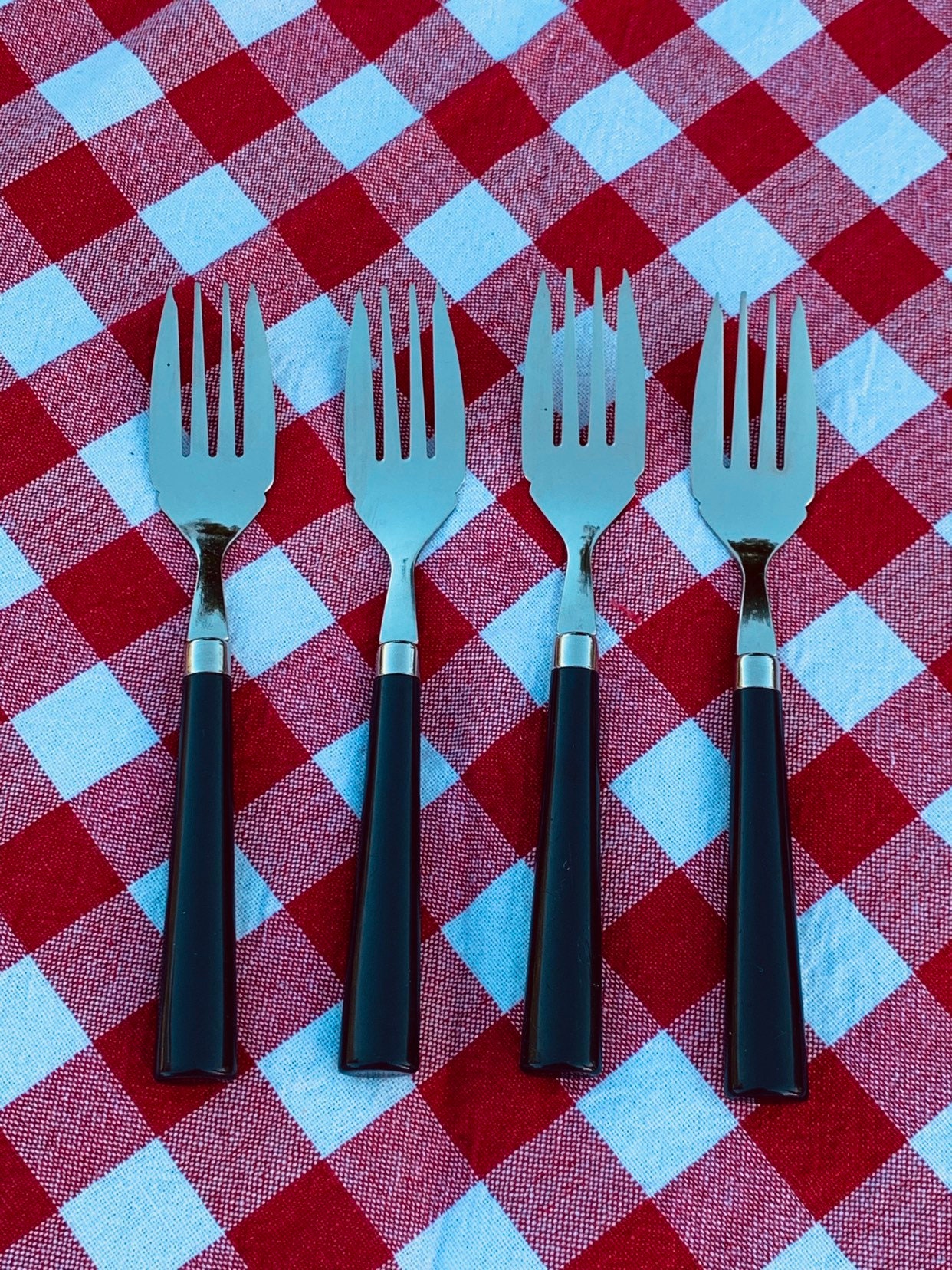 Vintage Flatware set Stainless Steel with Blue Plastic Handles Picnic