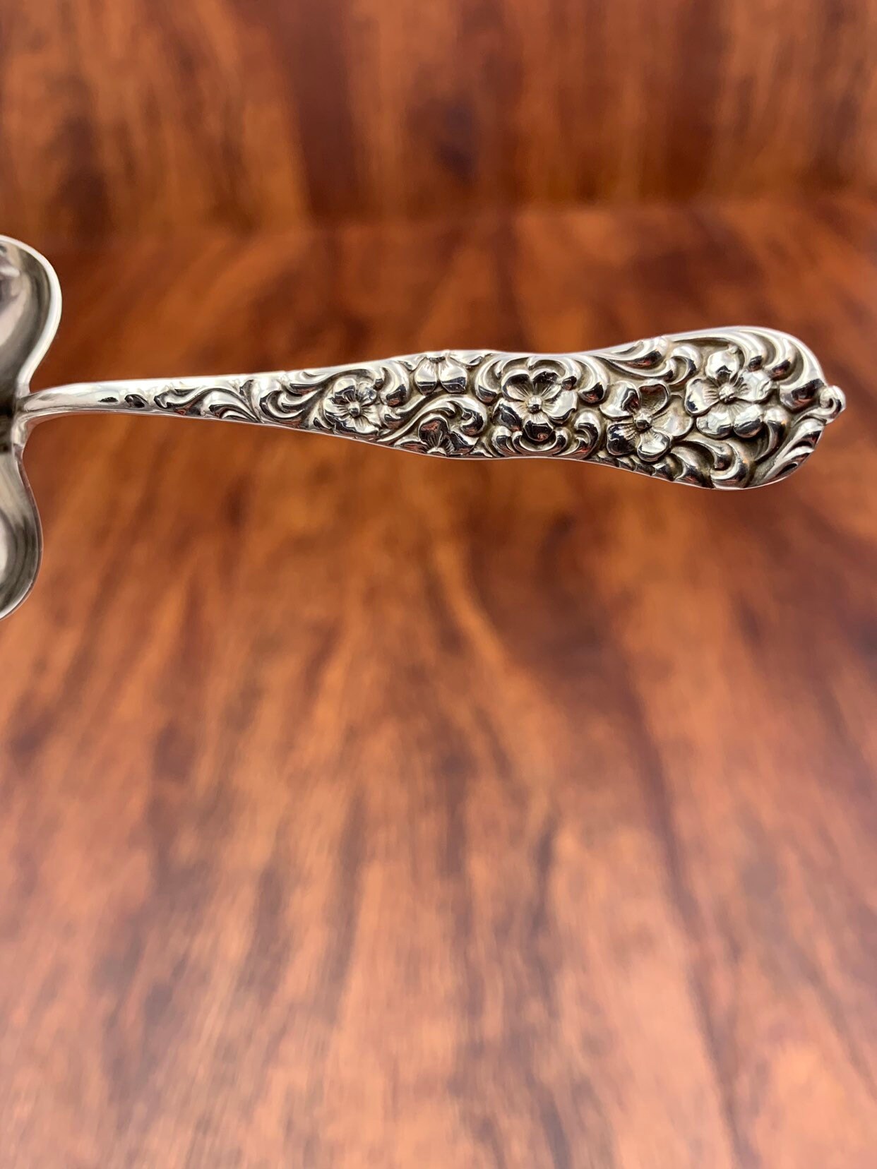 Antique Sterling Silver Bon Bon Spoon, 1888 ornate Floral handle