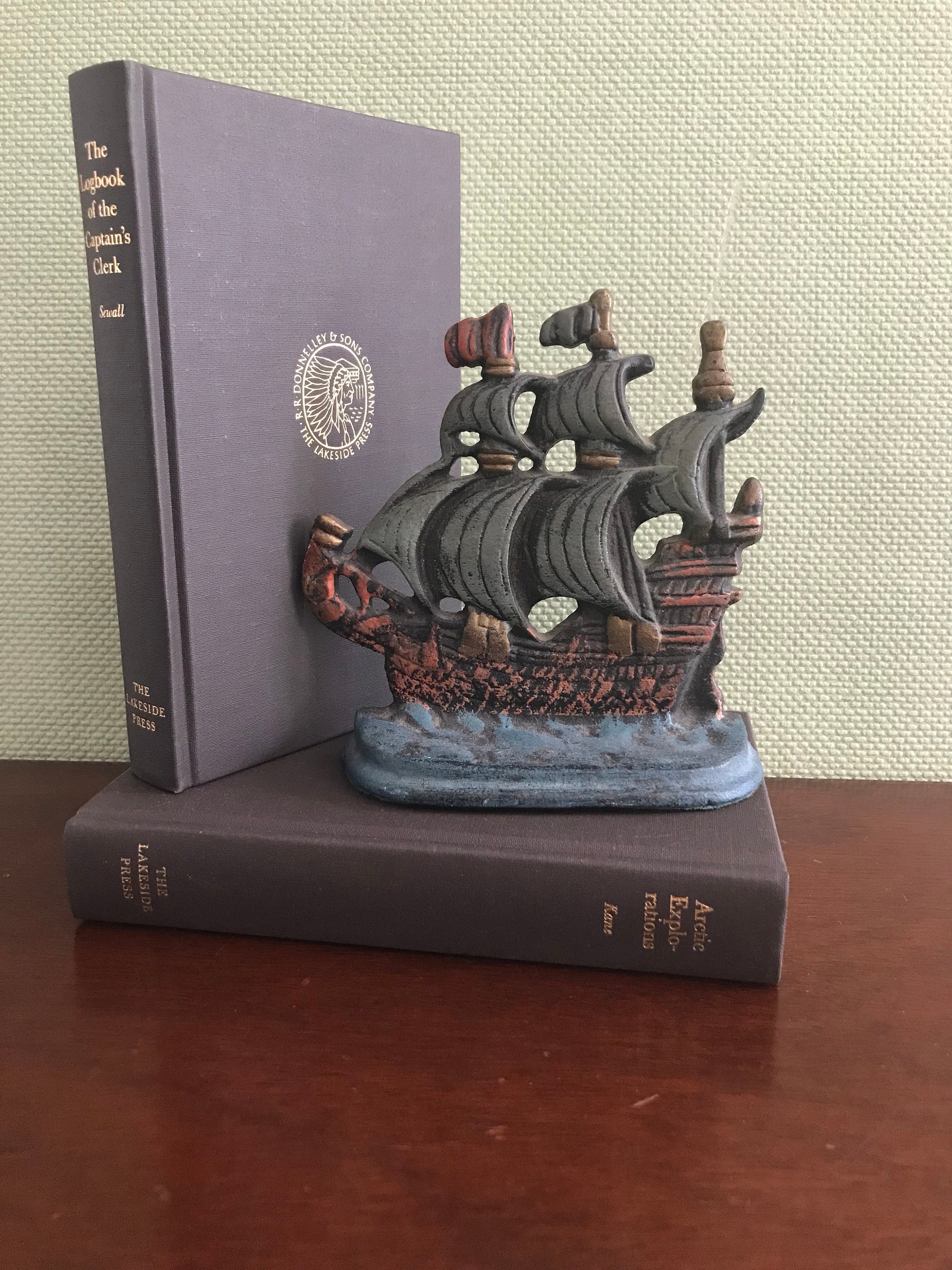 Vintage Ship Bookend Cast Iron Sailing Ship Bookend painted Nautical