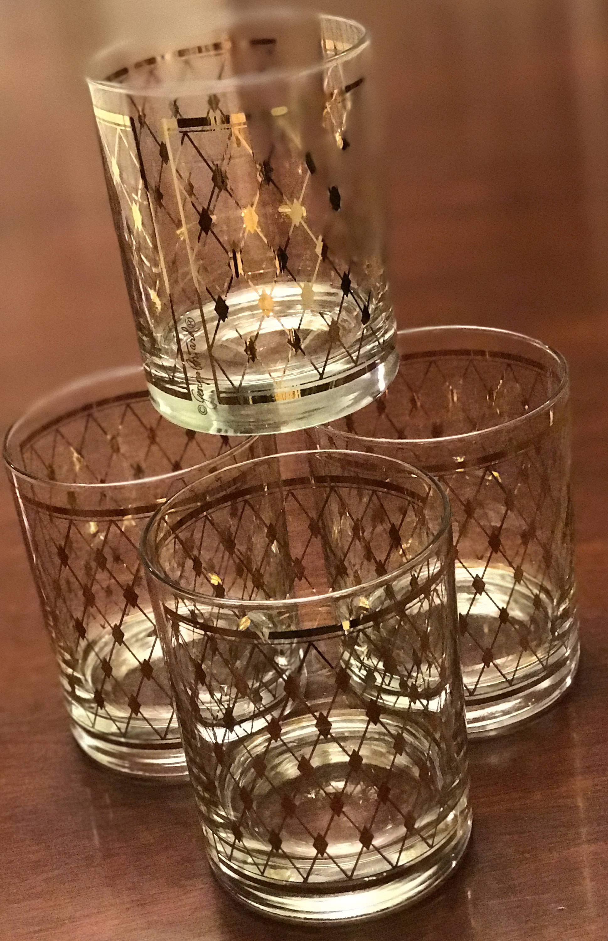 MidCentury Briard Rocks Glasses, Gold Harlequin Pattern Glasses