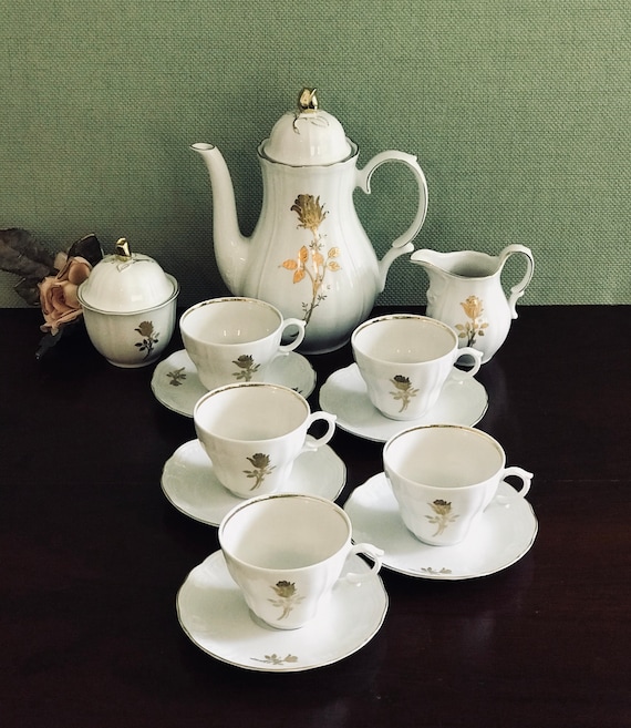 Vintage Wunsiedel Tea Set, Gold Gilt Rose Pattern, Bavaria Porcelain, Hollywood Regency, Garden Tea Party, wedding gift, collectible tea set