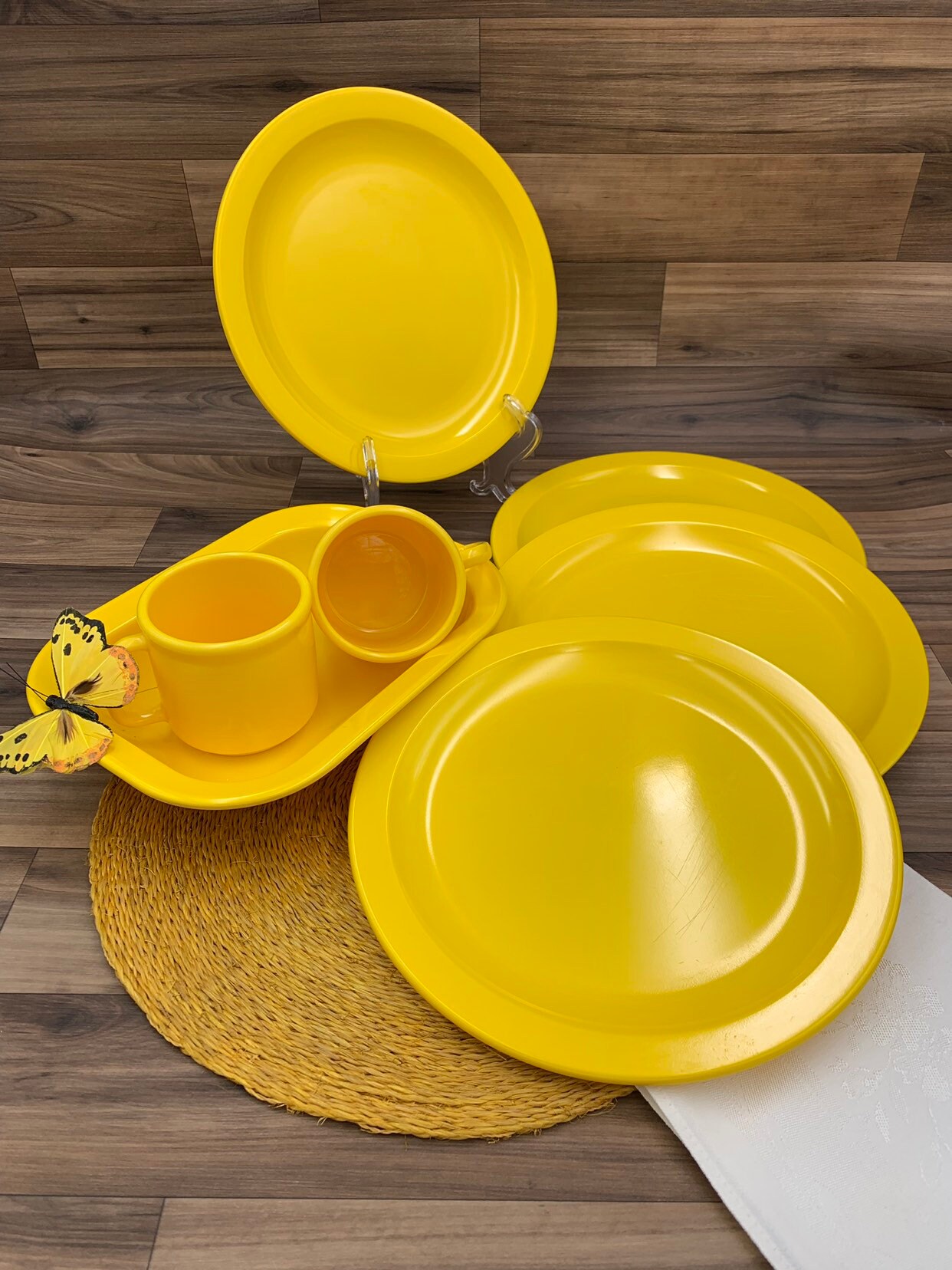 Vintage Melmac Dish set, Bright Yellow Plastic dishes, Mid Century