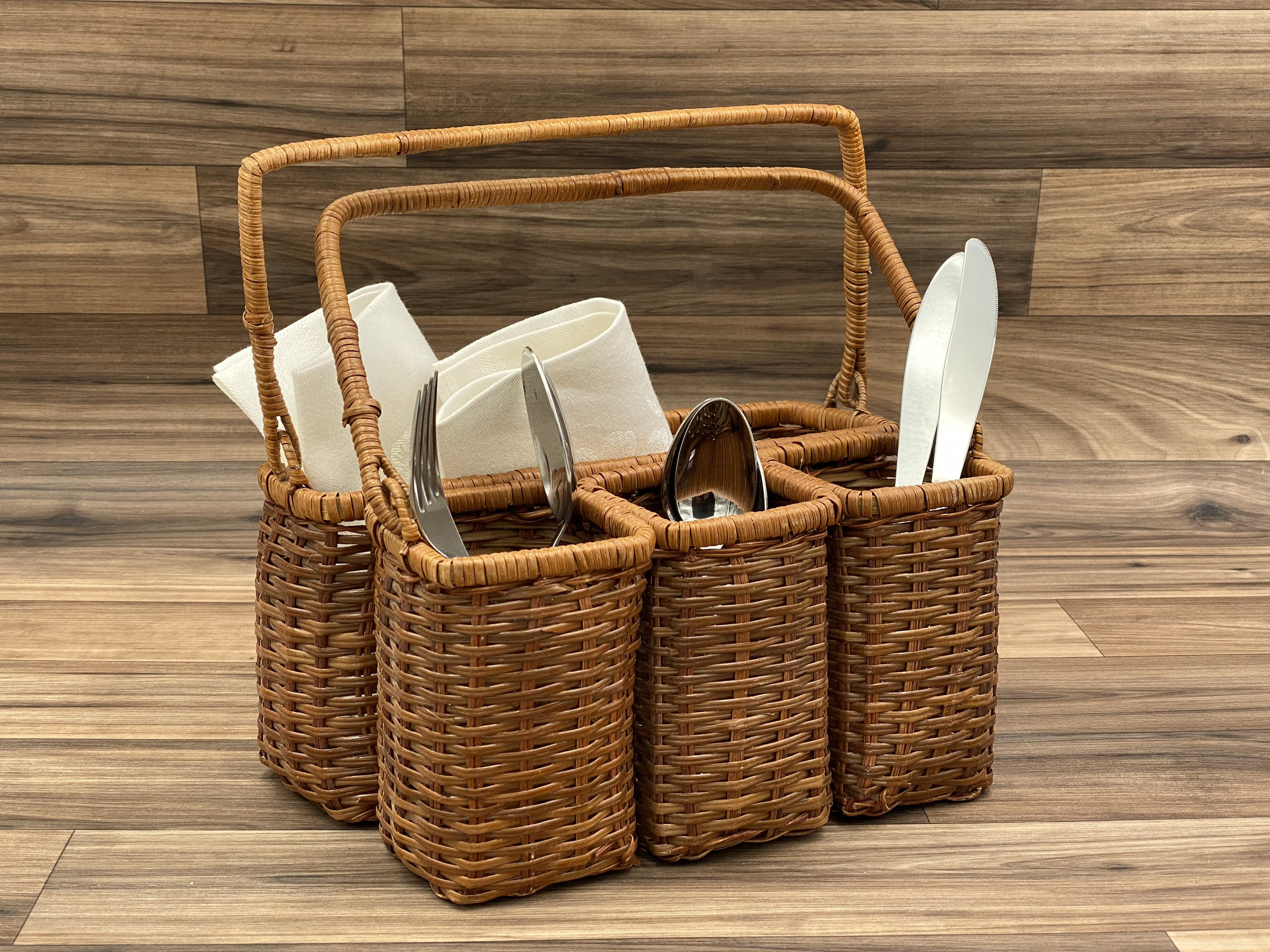 Vintage Flatware caddy, silverware holder, Basket carrying bin, Utensil