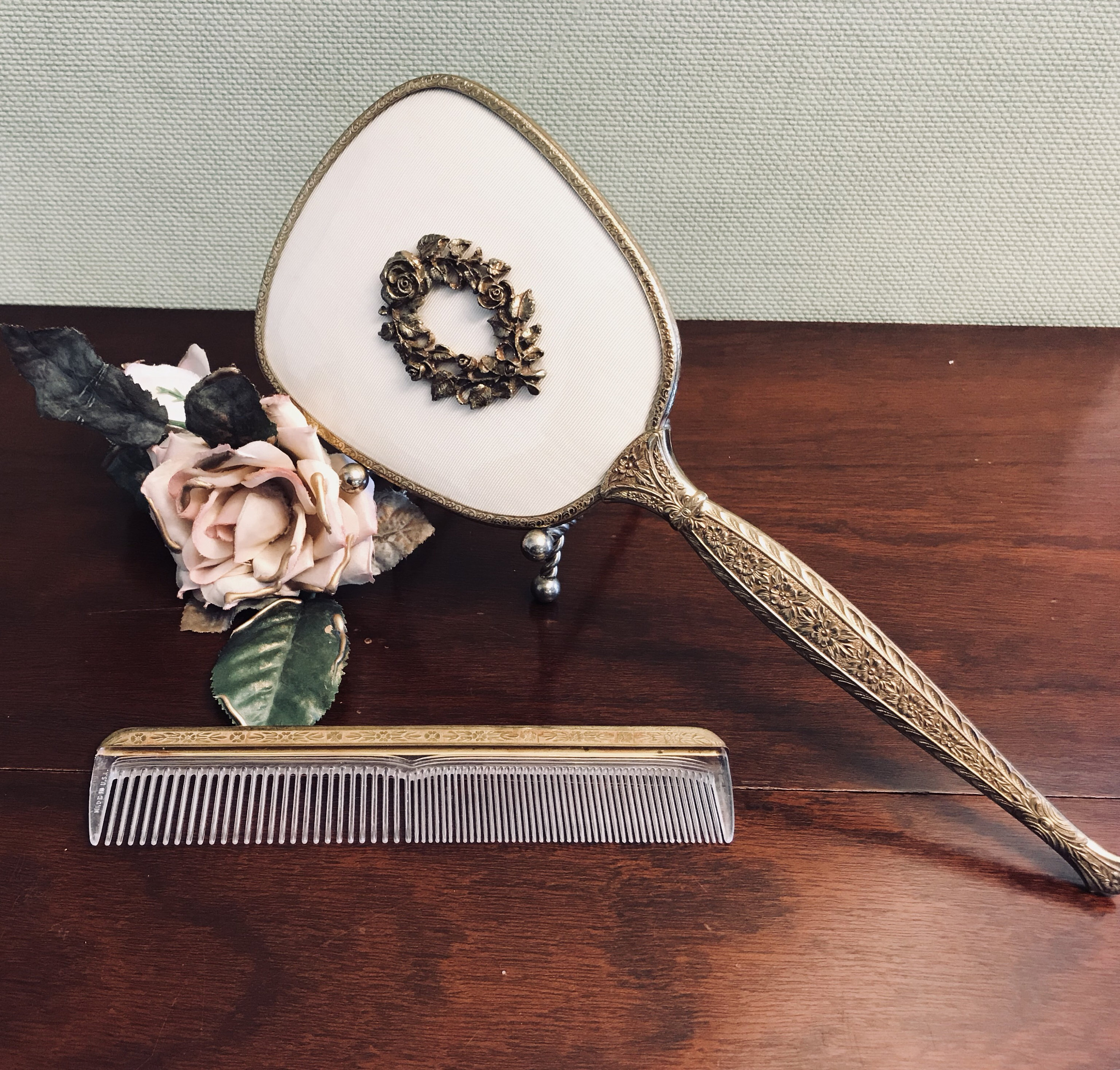 Vintage Matson Vantity Set, Matson Roses mirror, Gold dresser