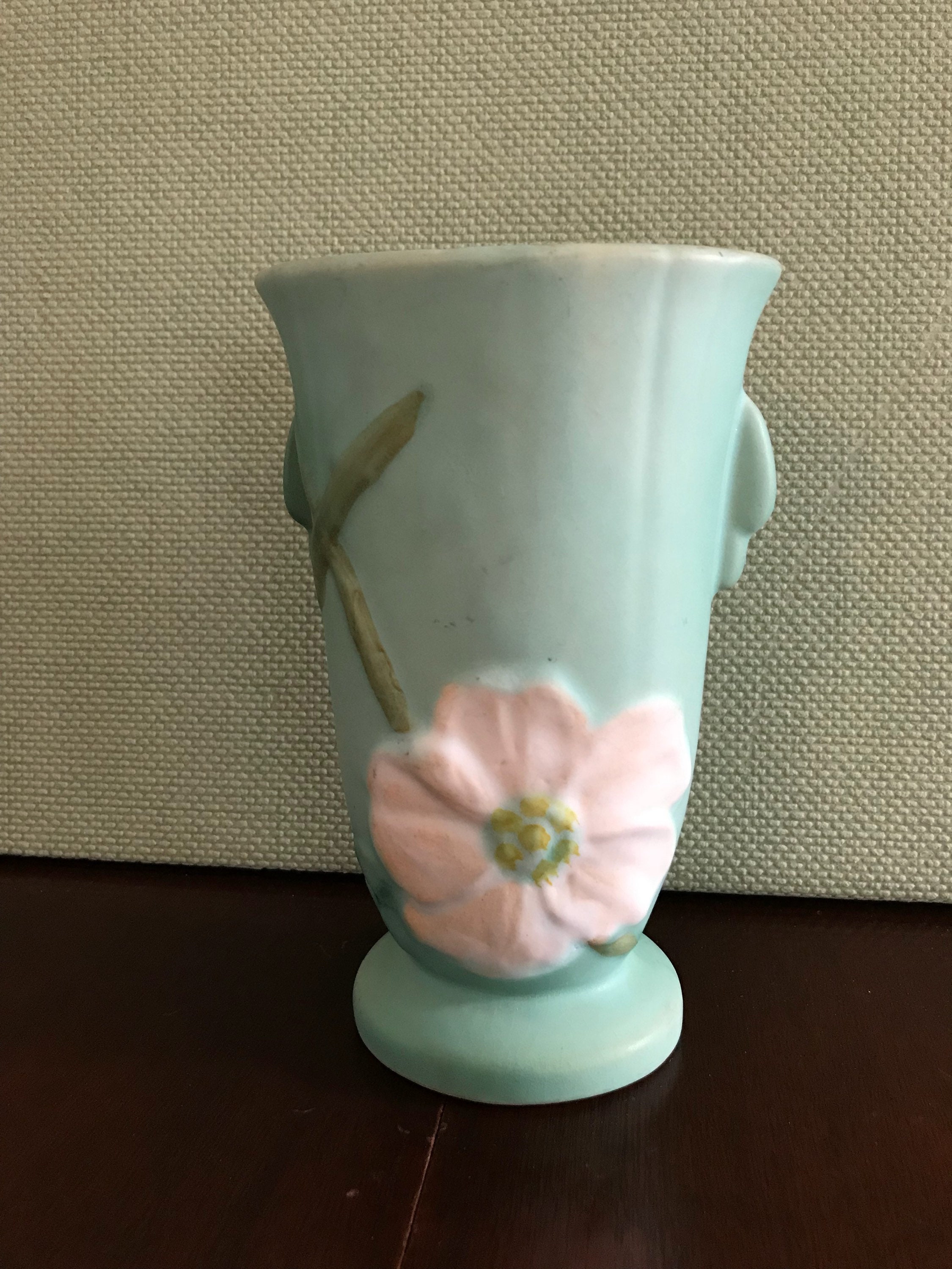 Vintage Weller Pottery Vase, wild rose ceramic vase, mint green Ceramic