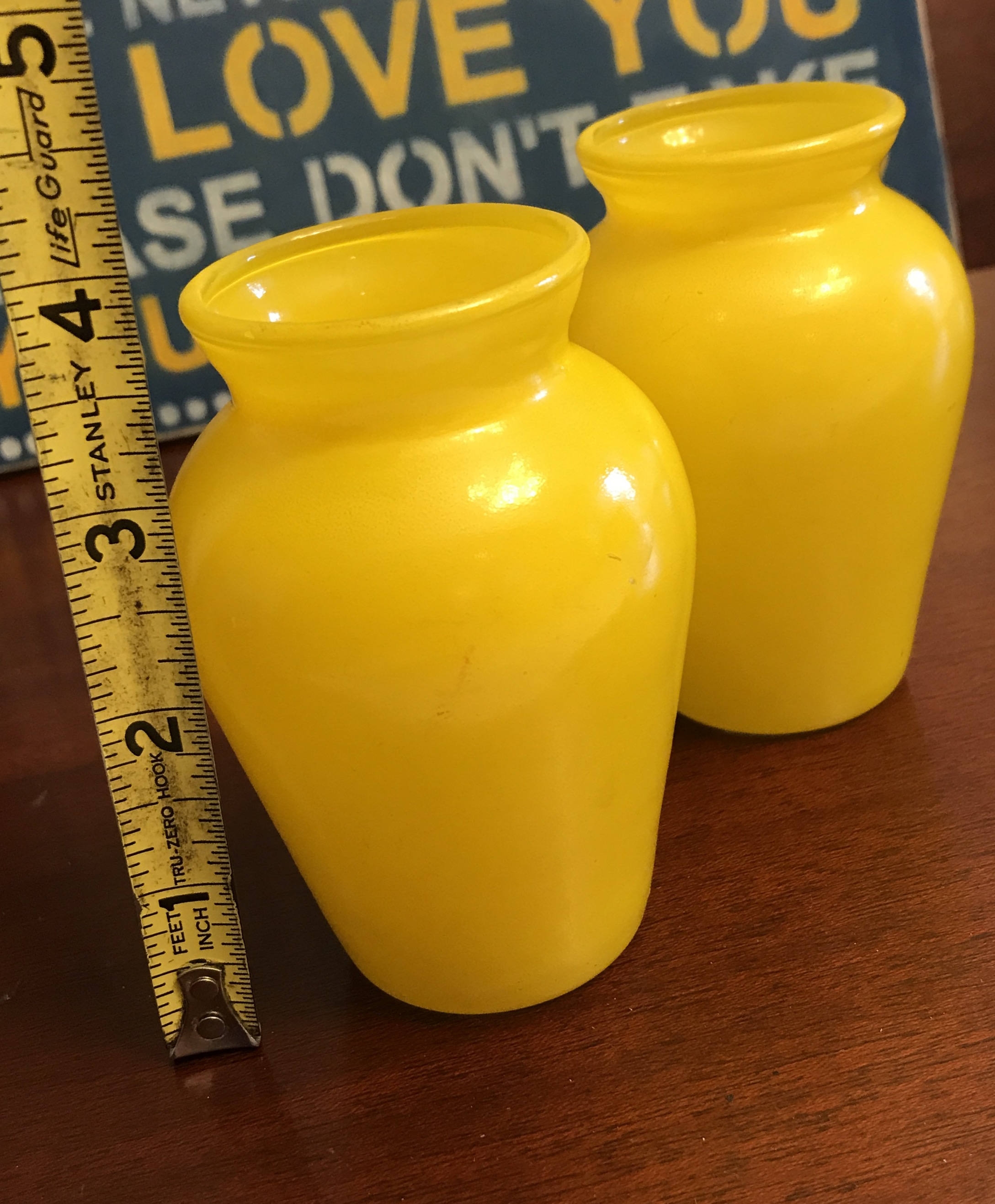 Mini Yellow Glass Vases, Yellow Fired On Glass Vase, Pair of little Yellow Vases, Tiny vase set