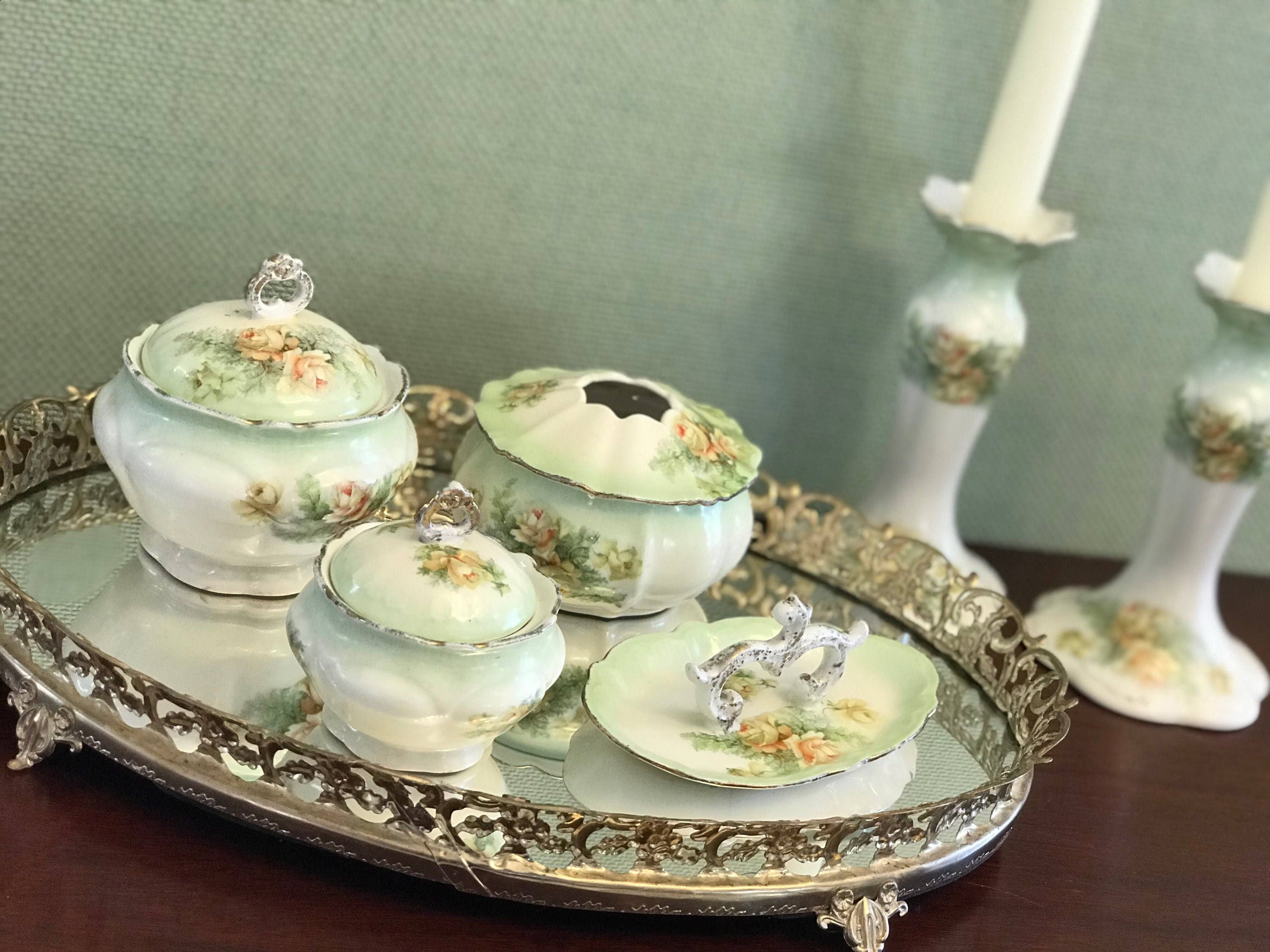 Antique French Limoges Vanity Dresser Set, Floral Porcelain From France