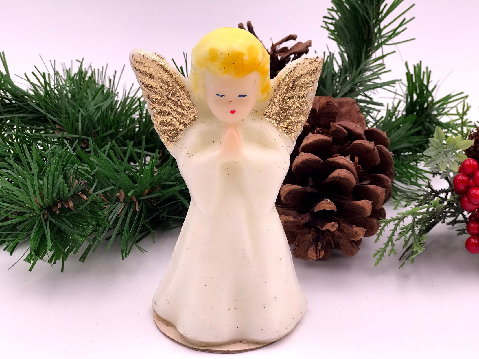 Vintage Angel Figurine Candle by Gurley, White and Gold Christmas Angel