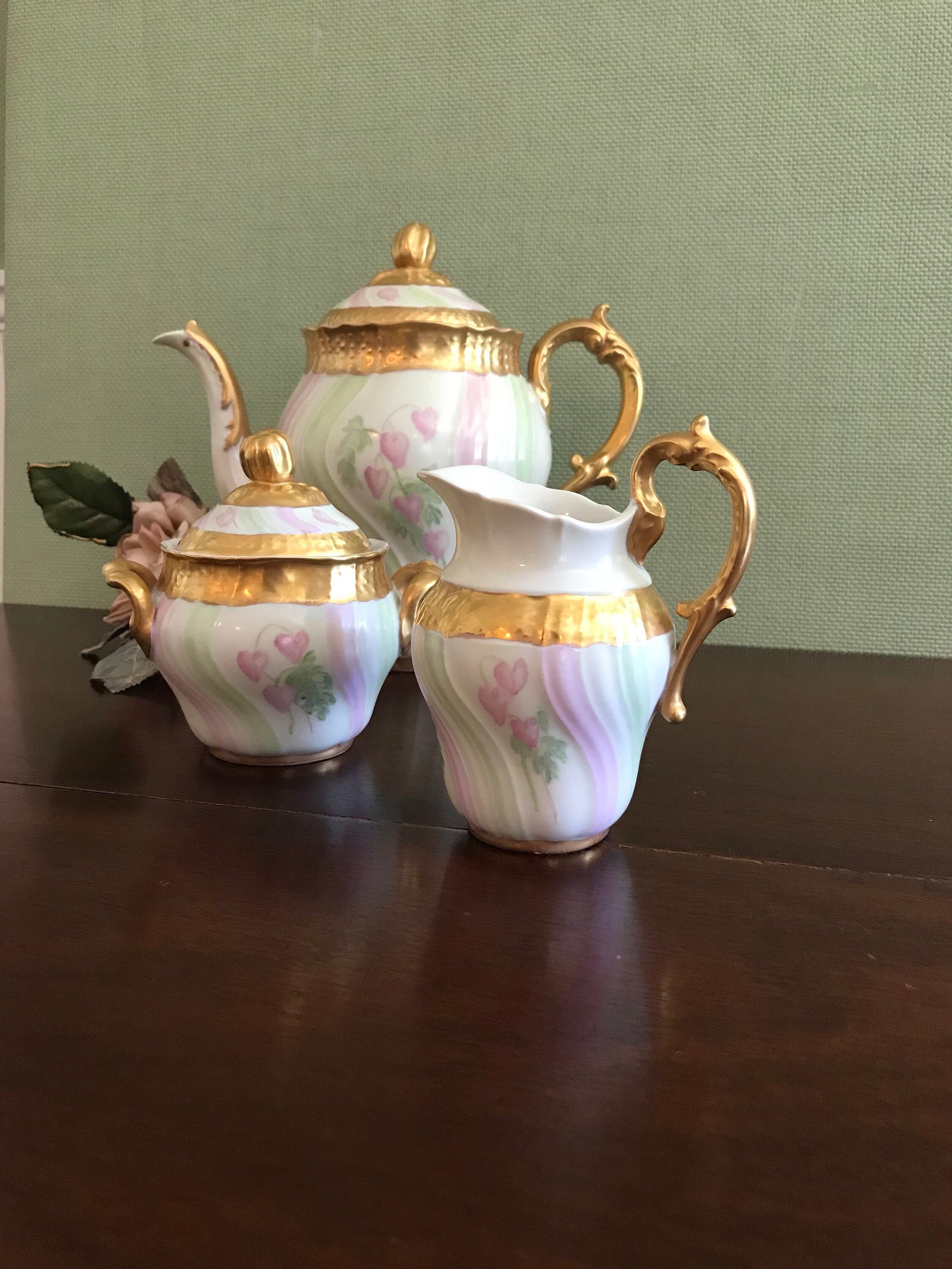 Vintage Hand painted Tea Set, Floral Teapot with matching cream and sugar