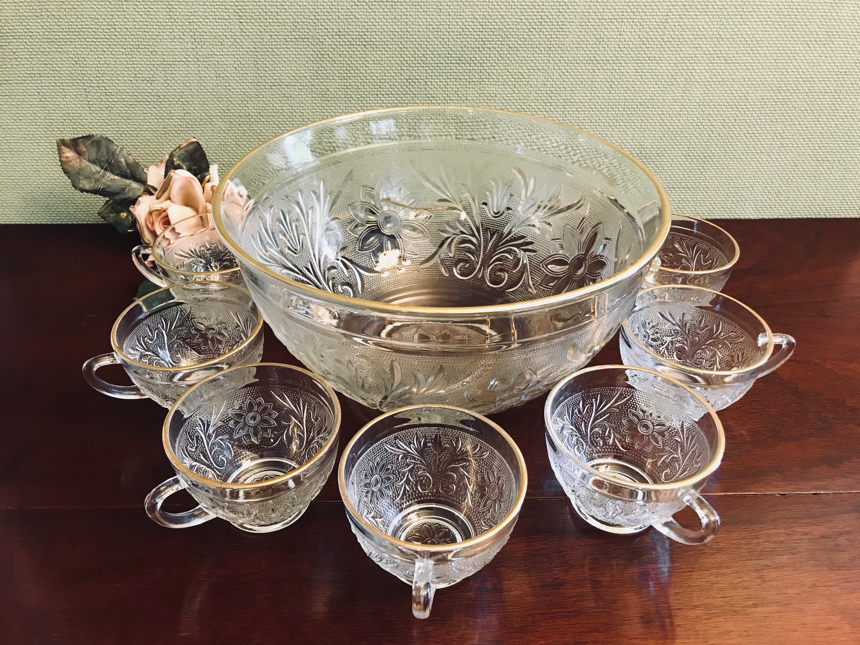 Vintage Sandwich Glass Punch Bowl and matching Glasses ...