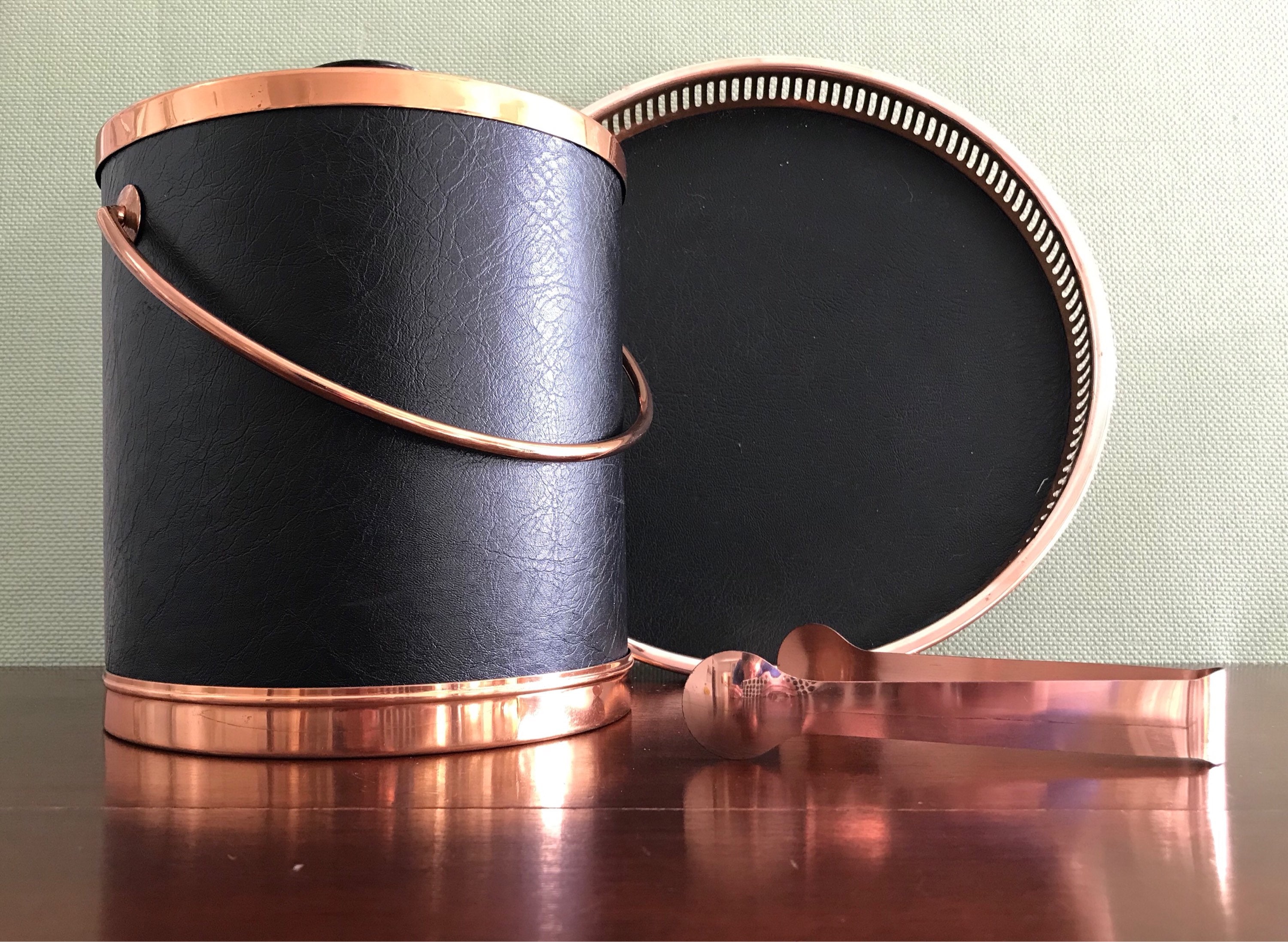 MCM Ice Bucket Black Leatherette Copper Ice Bucket Set Copper tray Mid