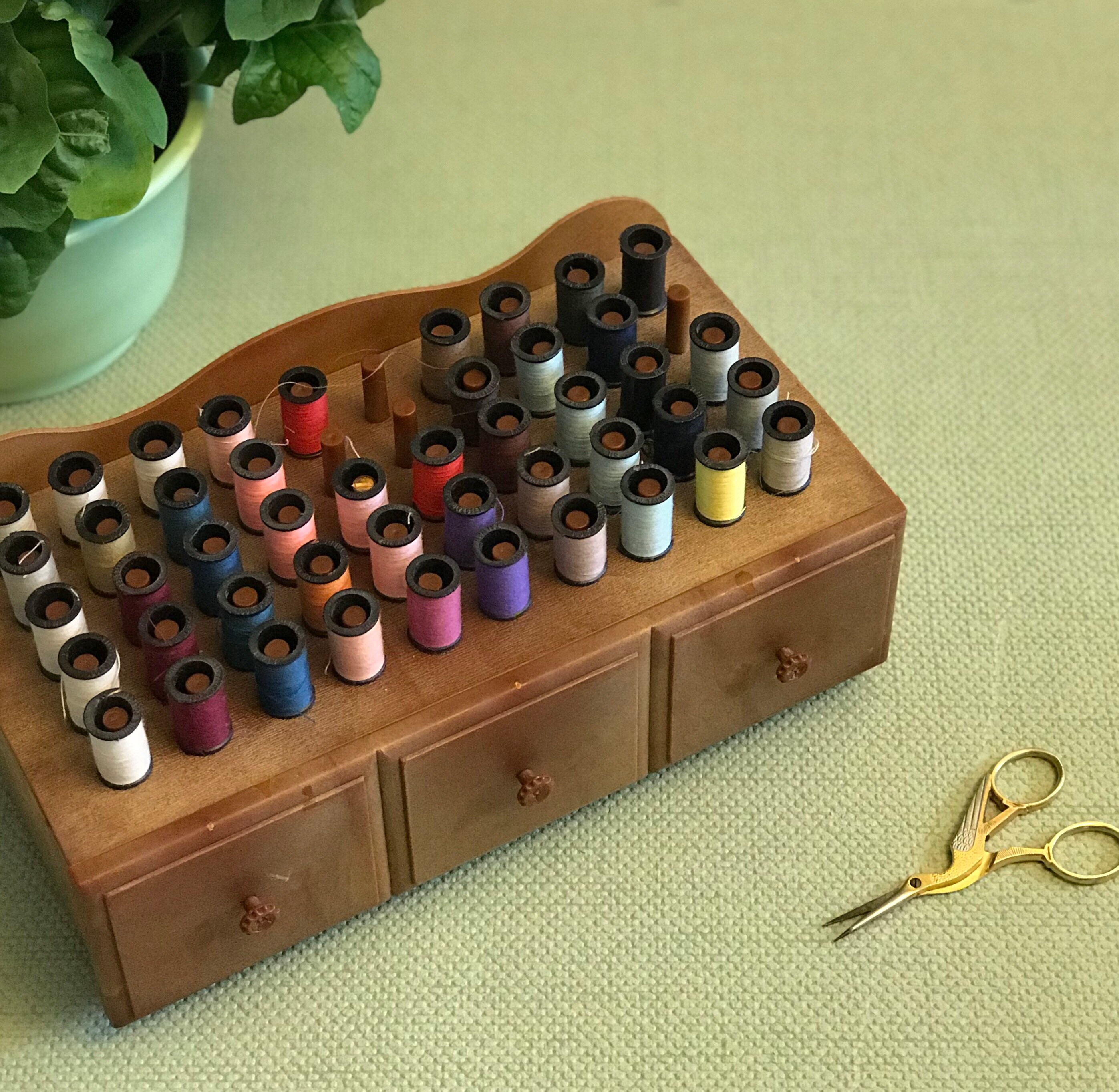 Vintage Sewing Box, Mini spools of thread, Sewing Storage, Sering Box with drawer, Faux wood