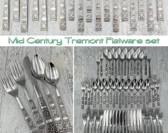 Vintage Flatware Set, MCM Floral Stainless Silverware Tremont, Service for 12