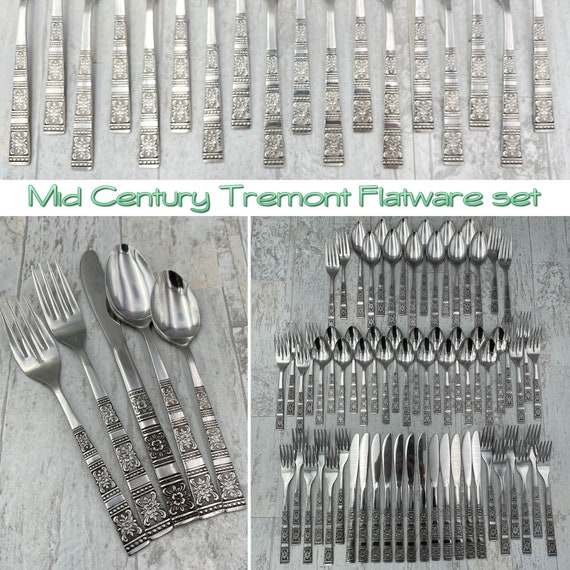 Vintage Flatware Set, MCM Floral Stainless Silverware Tremont, Service for 12