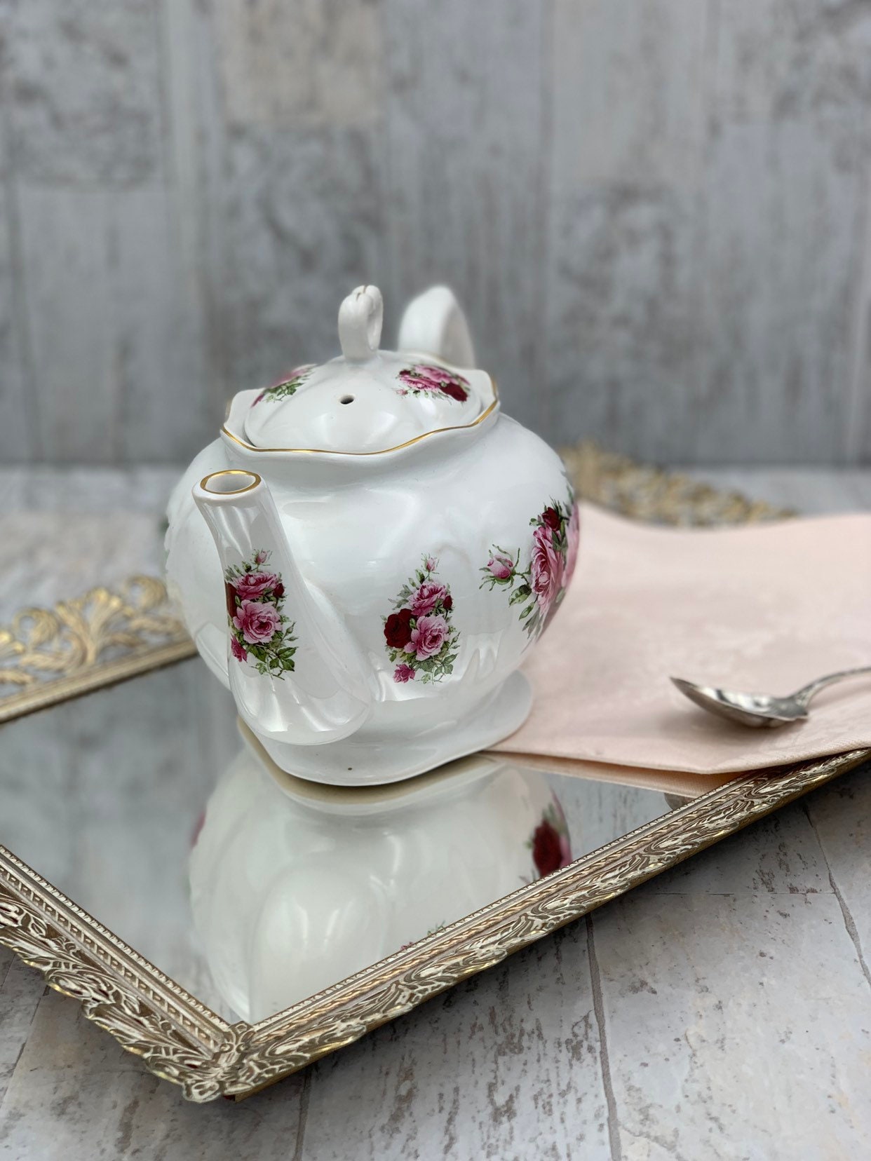 Vintage Rose Teapot, China teapot with pink roses, Pink Rose teapot heart shaped Lid Finial Tea
