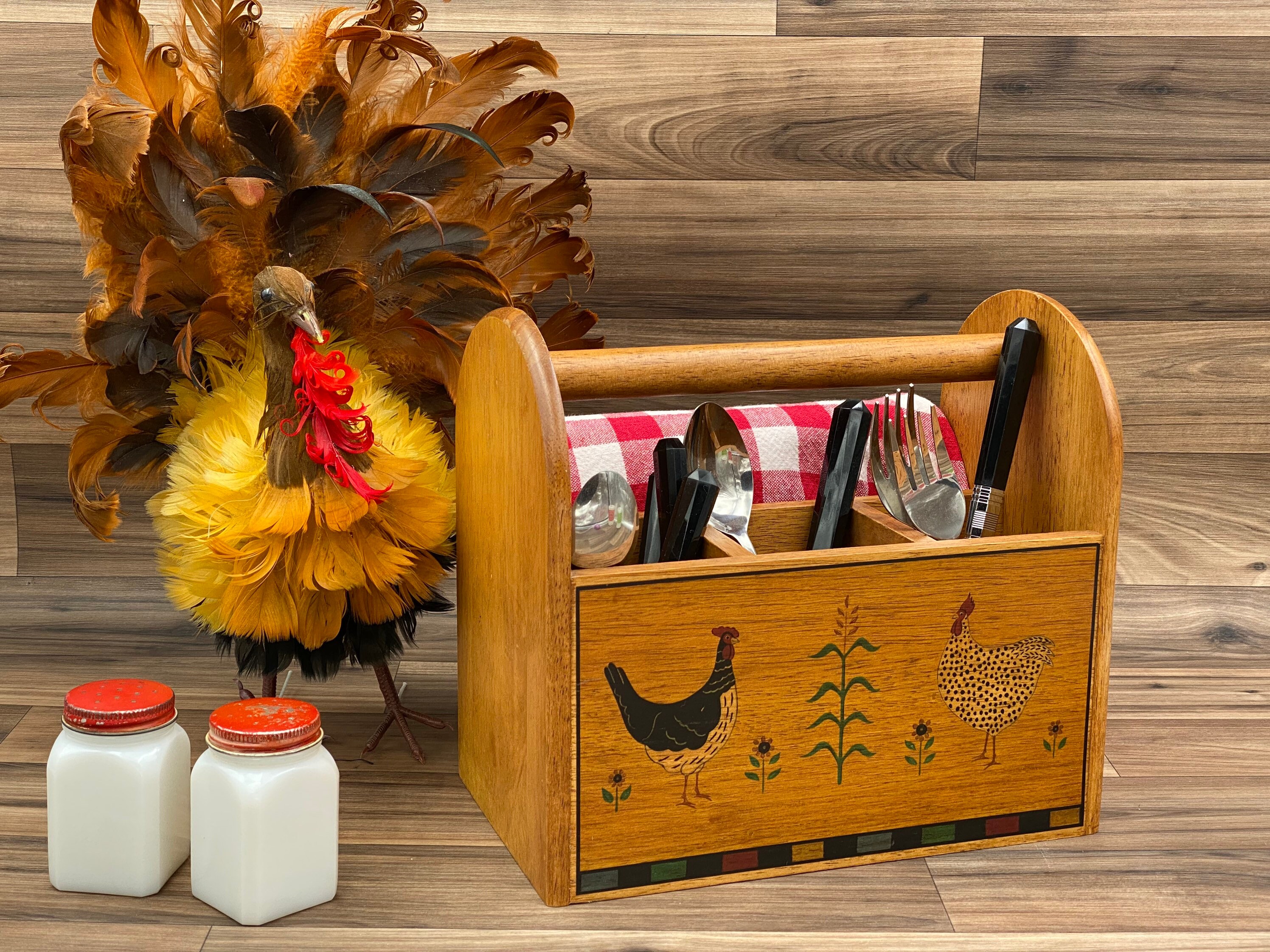 Vintage Flatware caddy, Country Kitchen Roosters and chickens