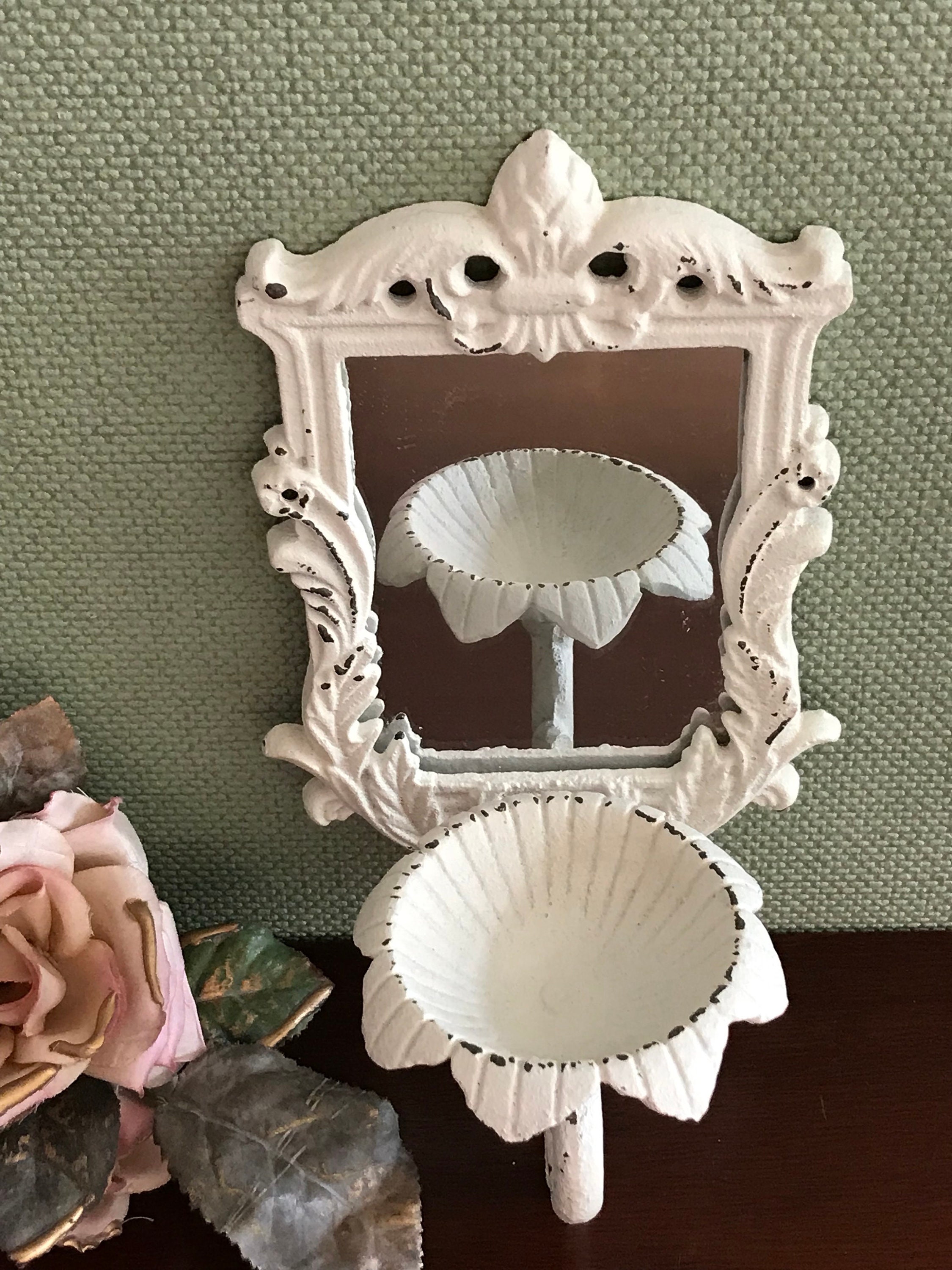 Vintage Shabby Chic Wall Mirror sconce, Cast iron Wall candle holder, Chippy paint Wall sconce ...