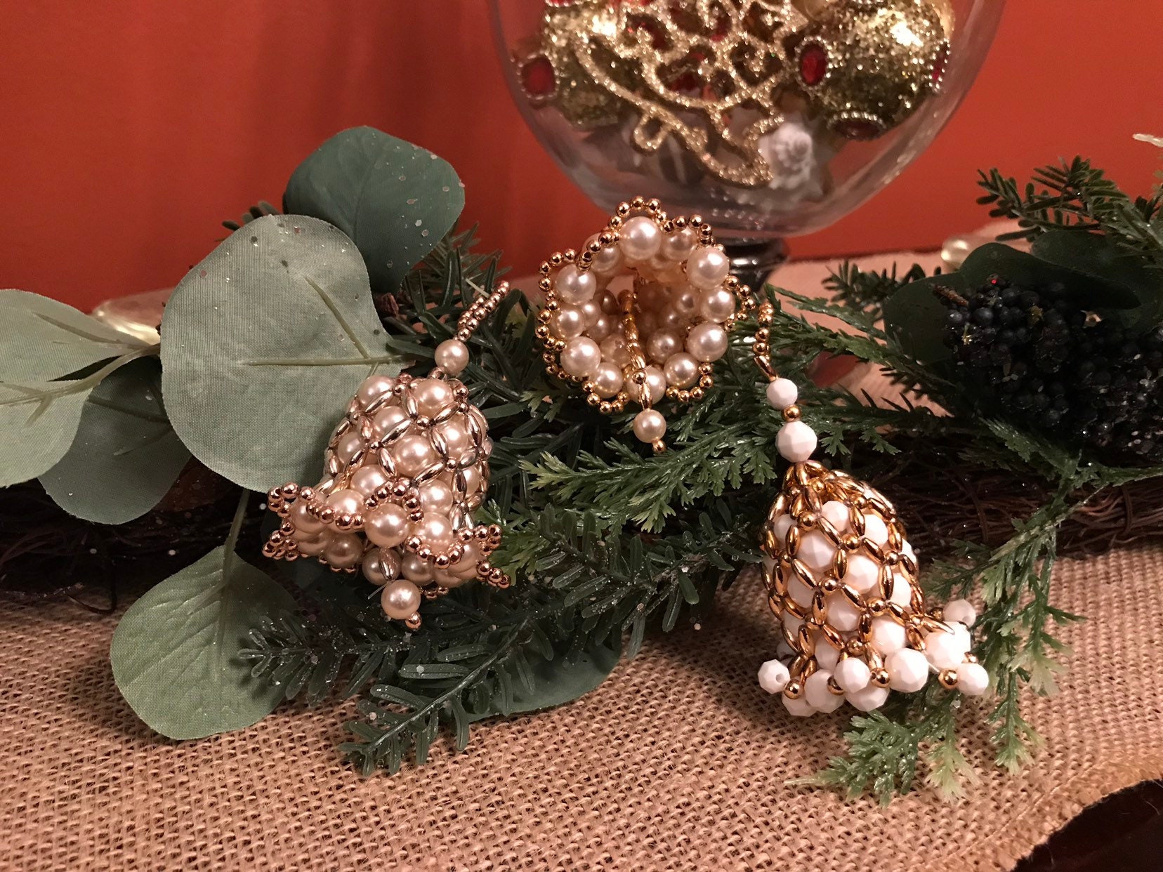Vintage Bell Shaped Beaded Ornaments, Handmade Christmas Ornament,