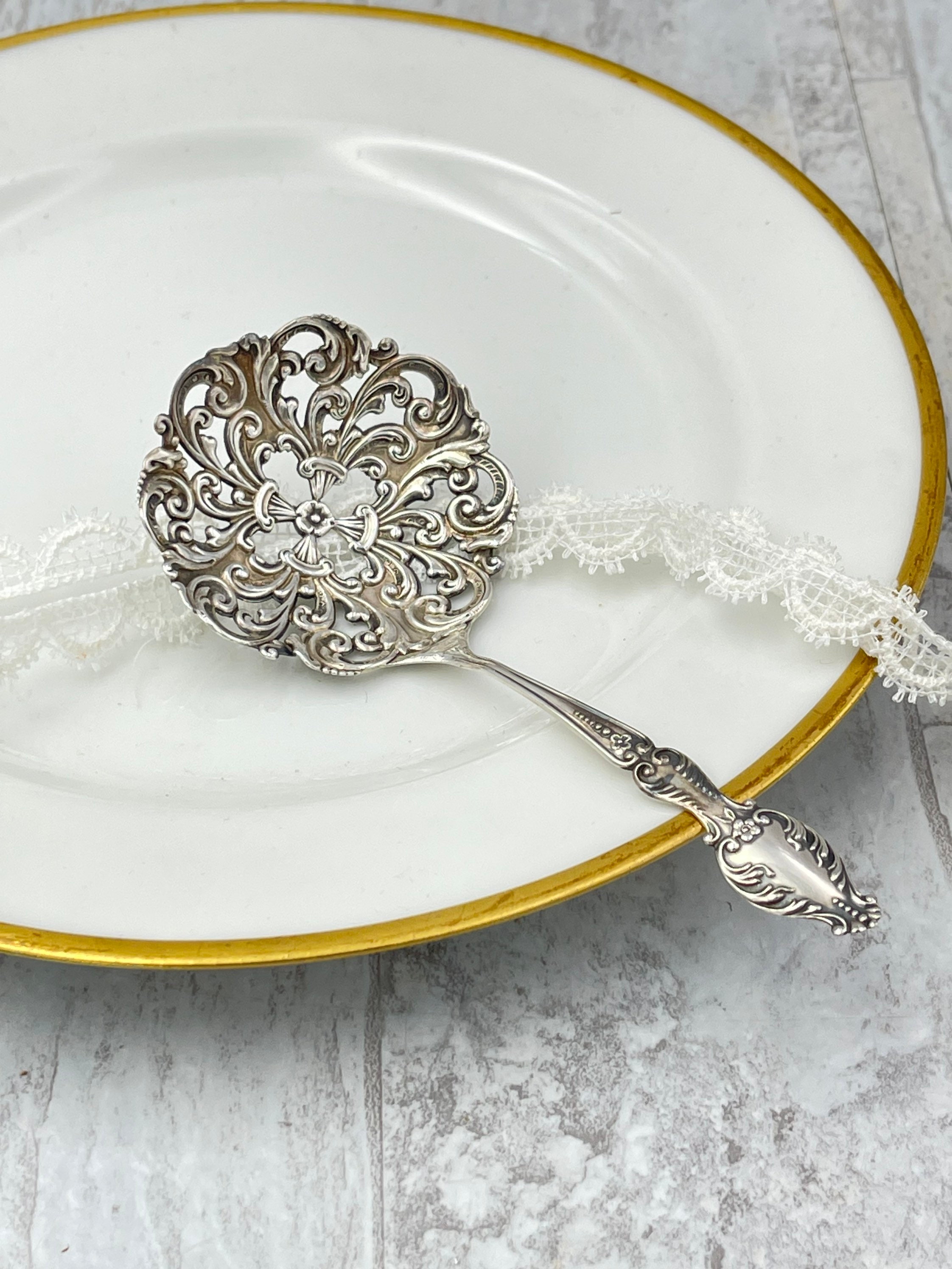 Antique Sterling Silver Bon Bon spoon, Hallmarked, Ornate Pierced bowl