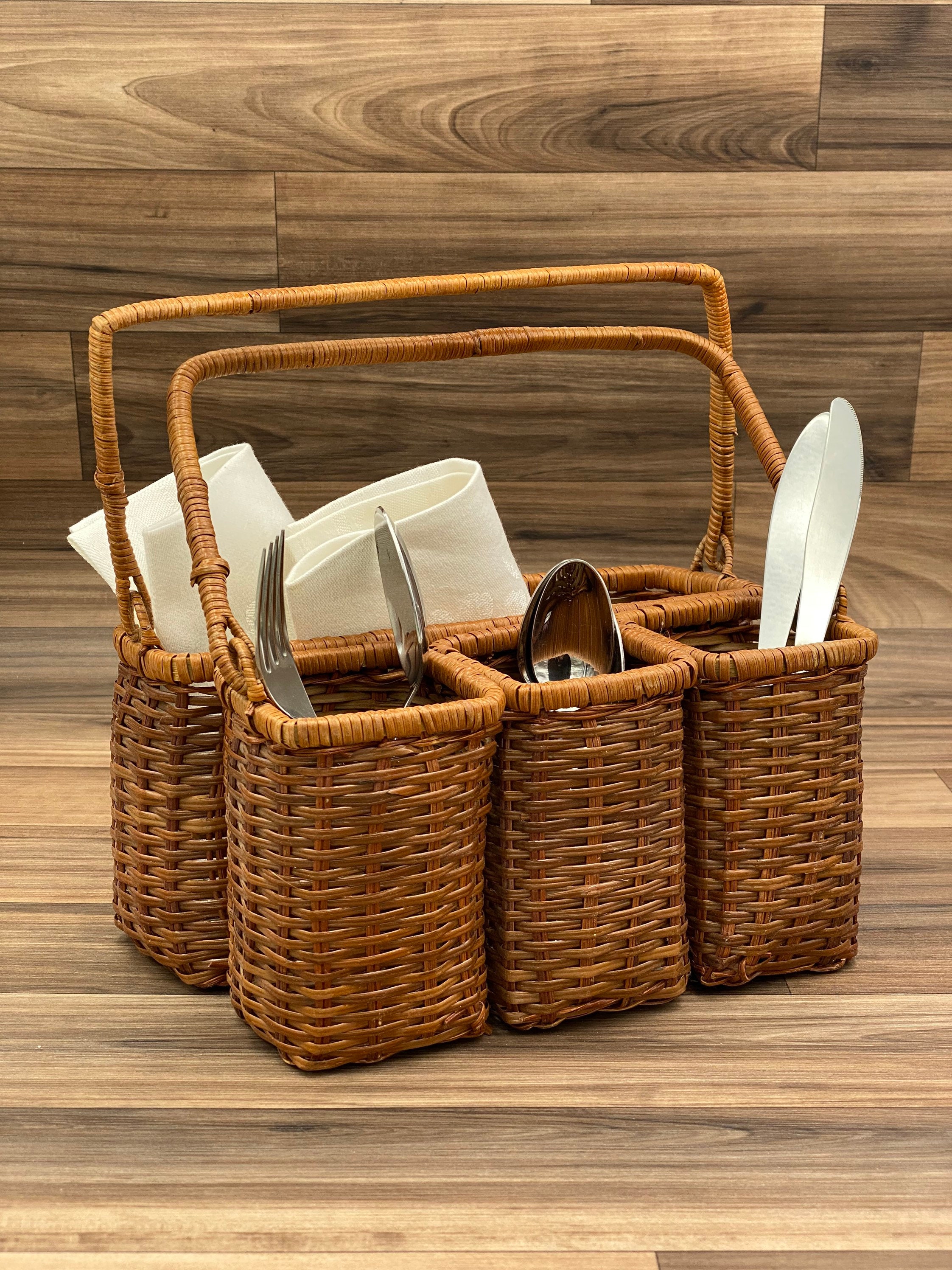 Vintage Flatware caddy, silverware holder, Basket carrying bin, Utensil
