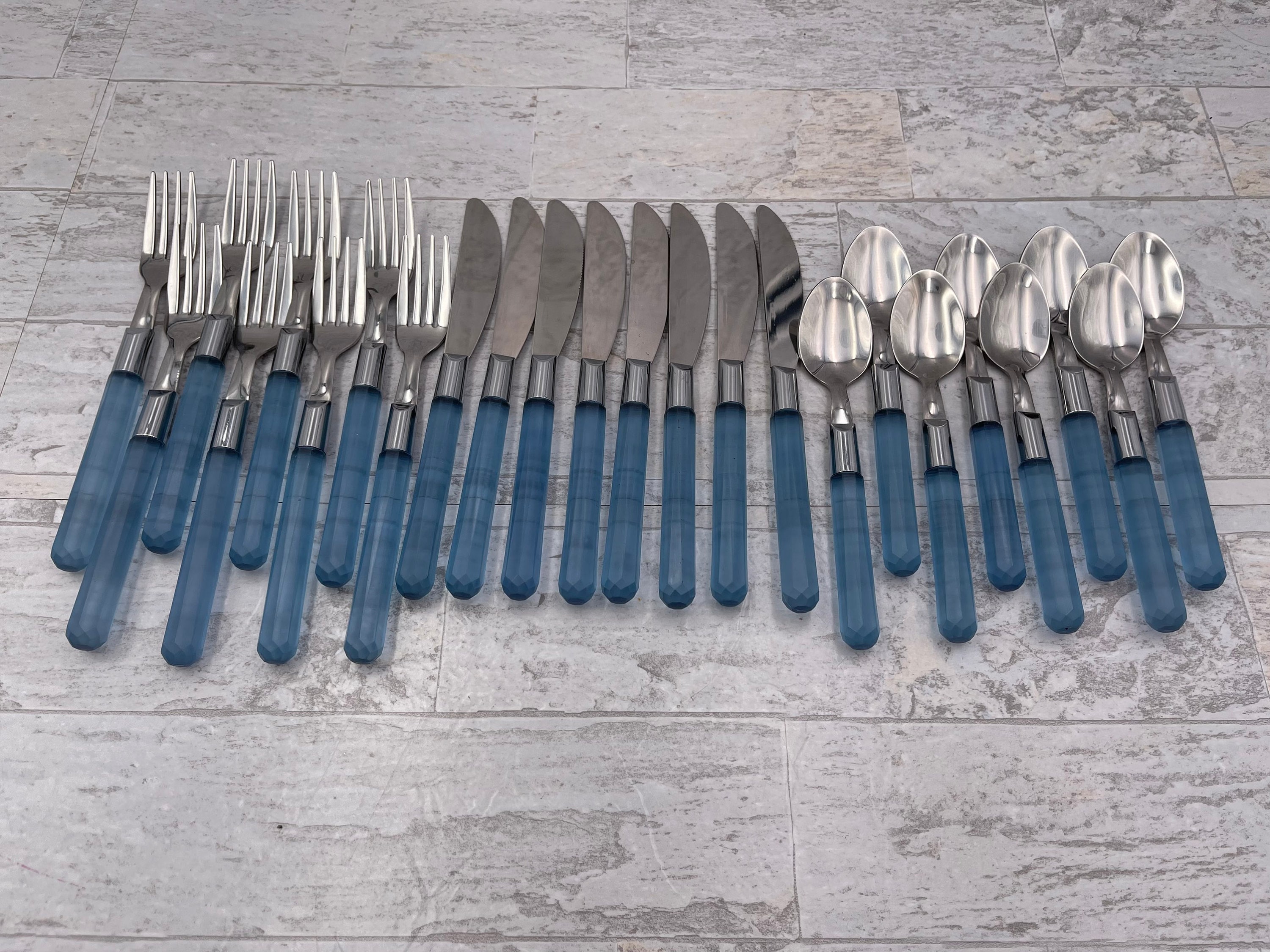 Vintage Stainless Flatware set, Blue Plastic Handles, Silverware Set Rustic Home Cabin Decor