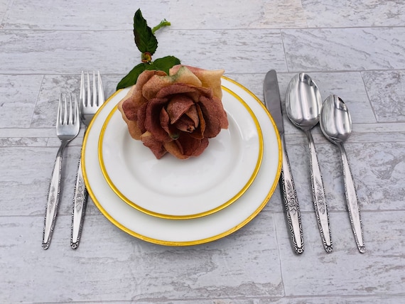 Mid Century Stainless Flatware set Rose handle by Interpur Floral MCM Flatware Vintage Silverware set