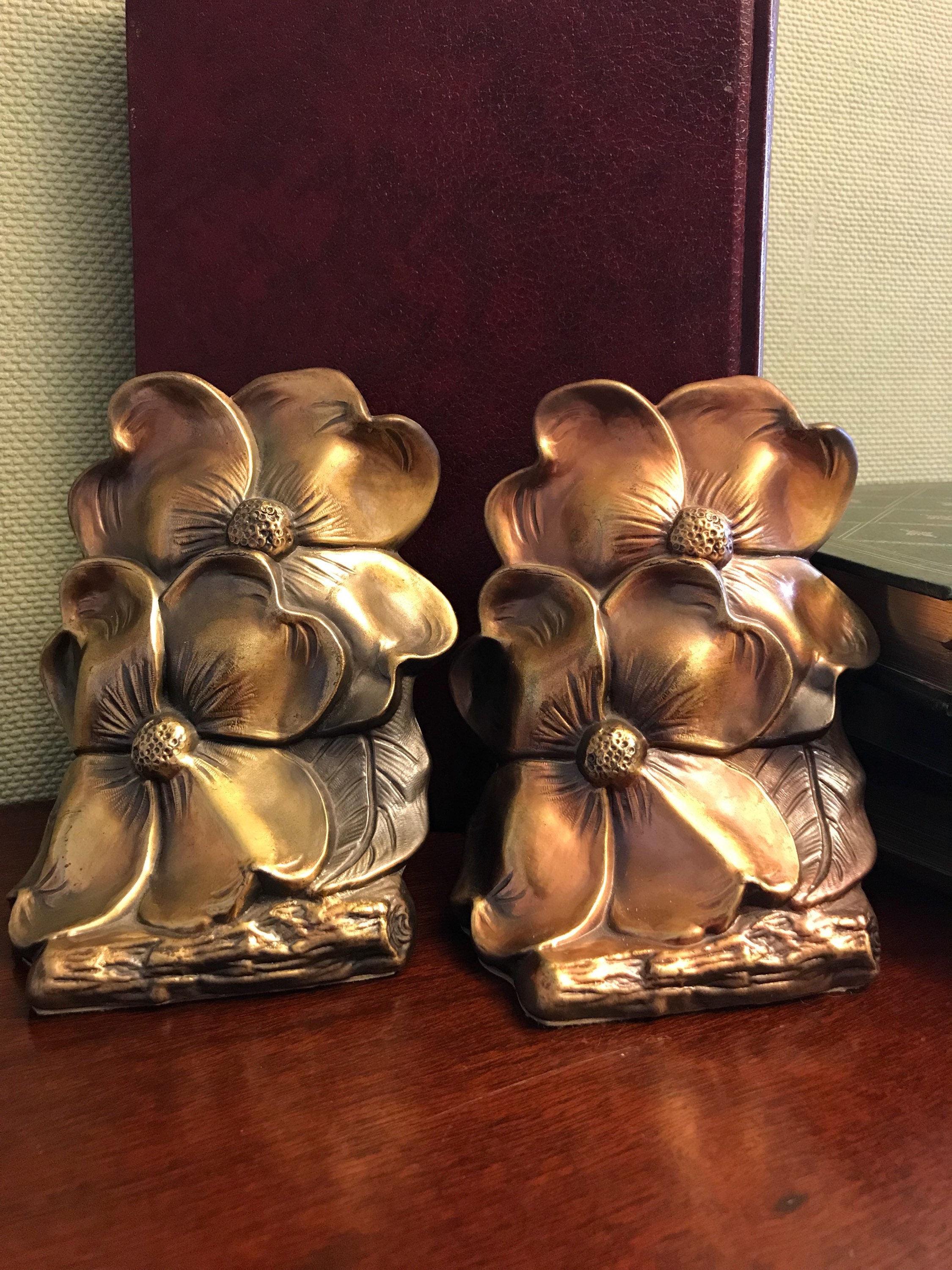 Vintage Gold Bookends, Dogwood flower Hollywood Regency Floral Bookends