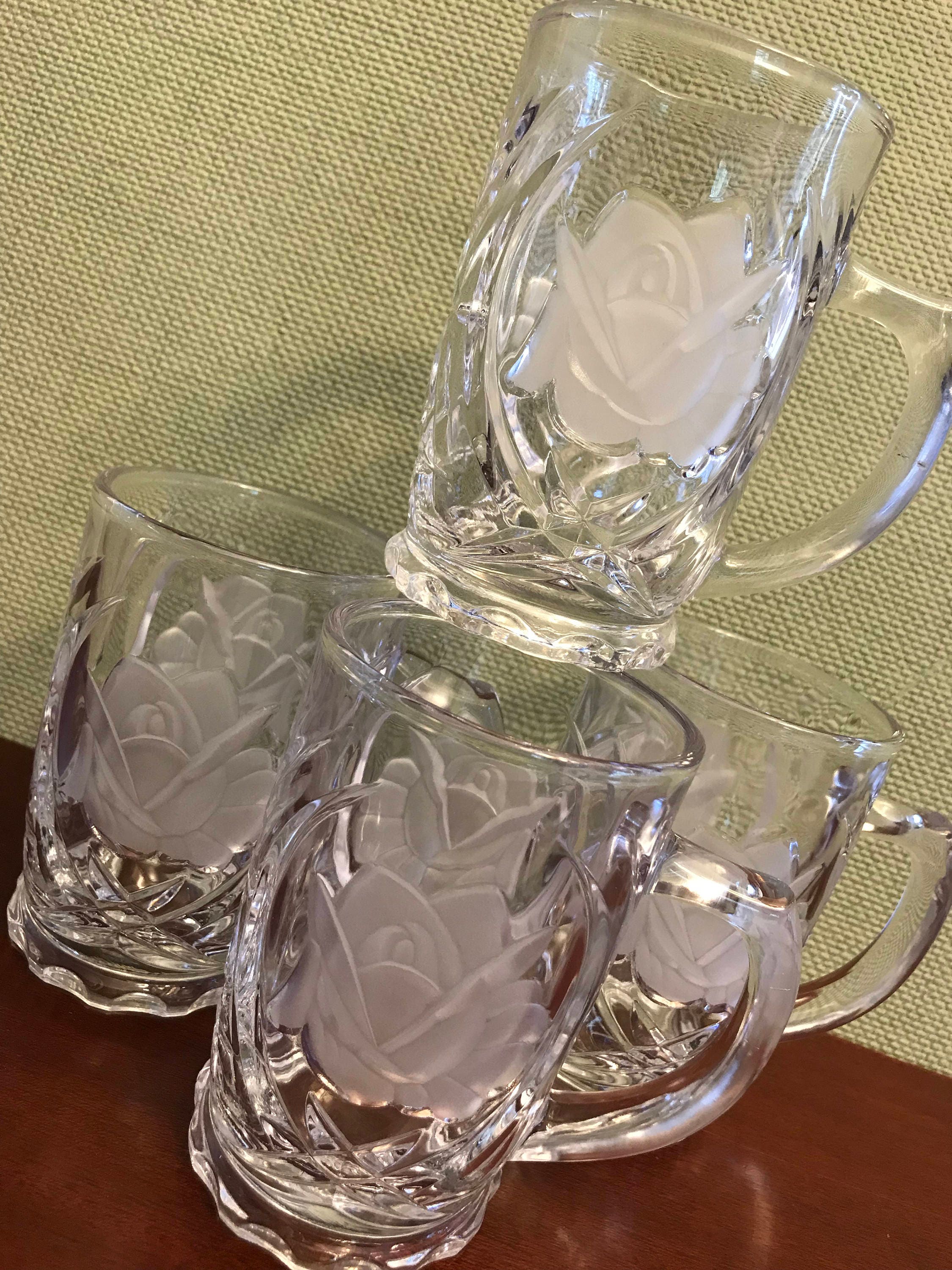 Mikasa Crystal Mugs, frosted glass Roses, 4 Crystal Mugs, Rose Pearls  pattern crystal, gift for her, Valentines gift, Mikasa coffee mugs