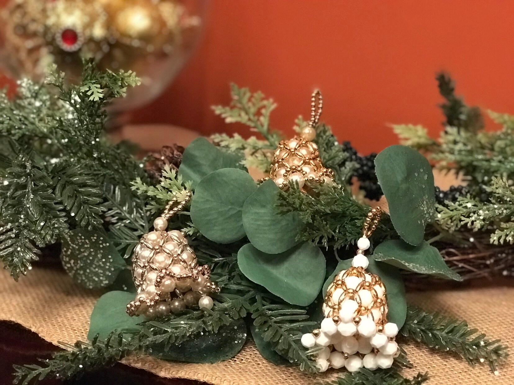 Vintage Bell Shaped Beaded Ornaments, Handmade Christmas Ornament,