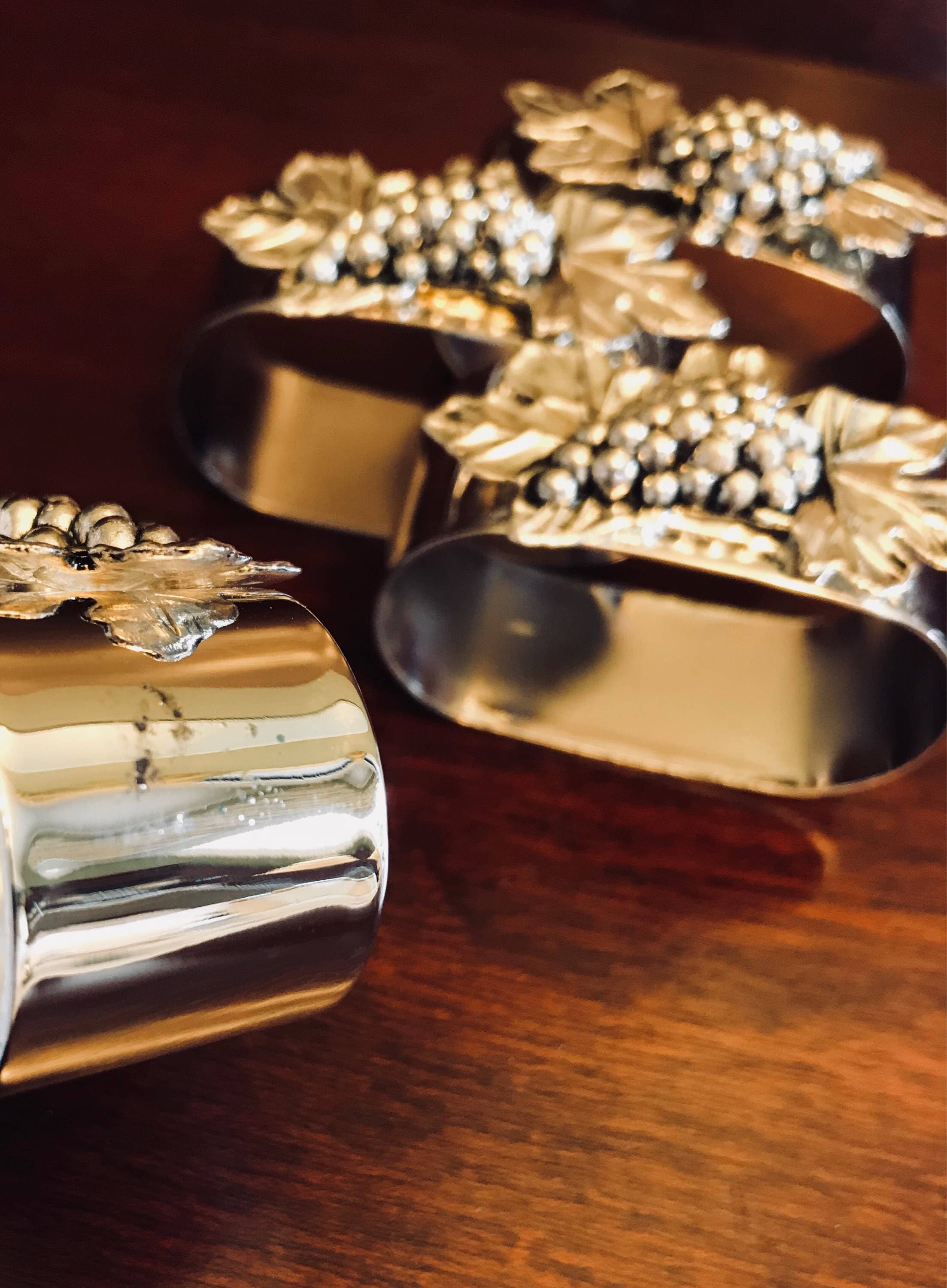 Vintage Grape Napkin Rings, Silver Plated Figural Grape Cluster napkin