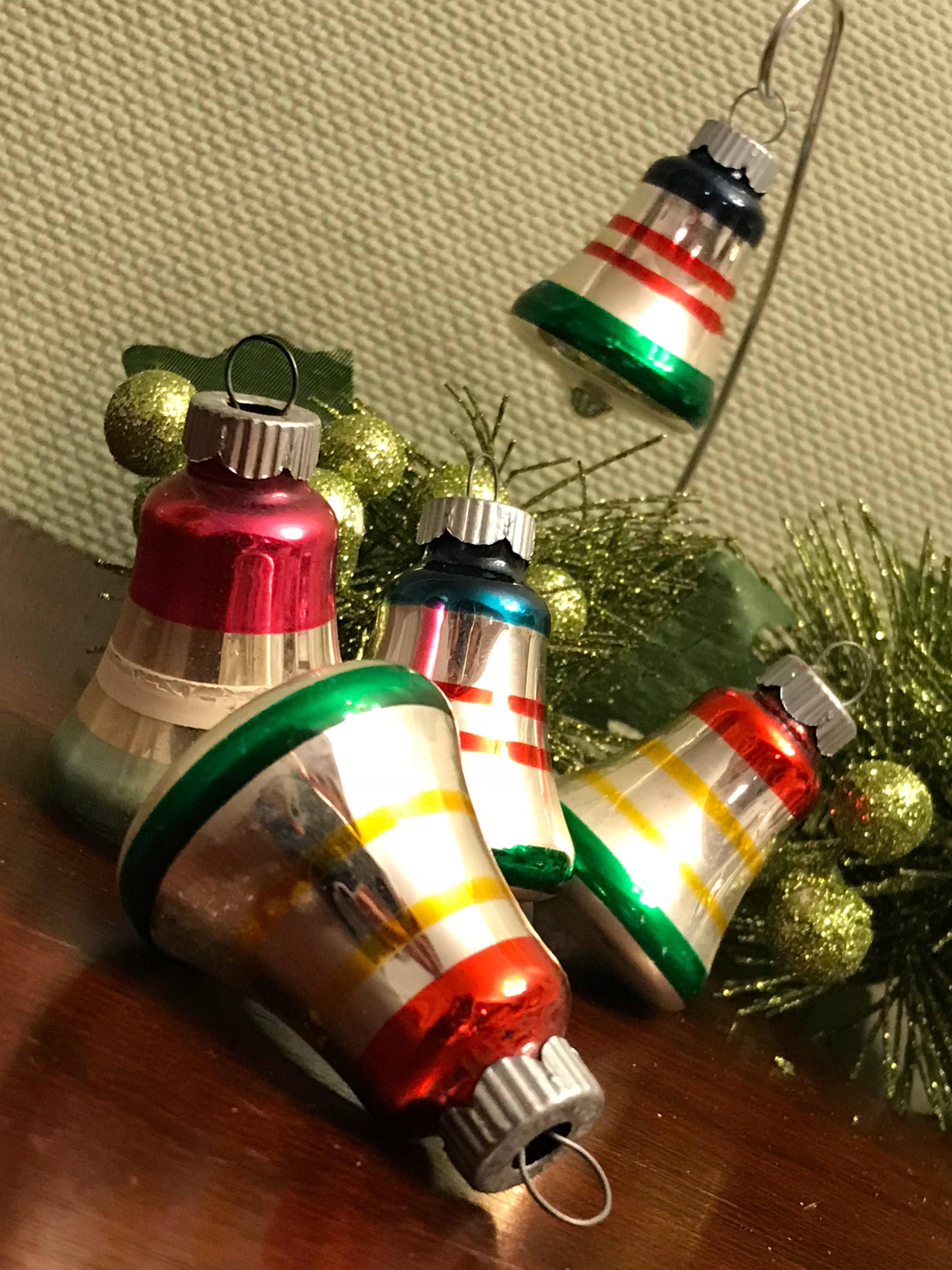 Vintage Shiny Brite Bell Ornaments, Hand Painted Mercury Glass