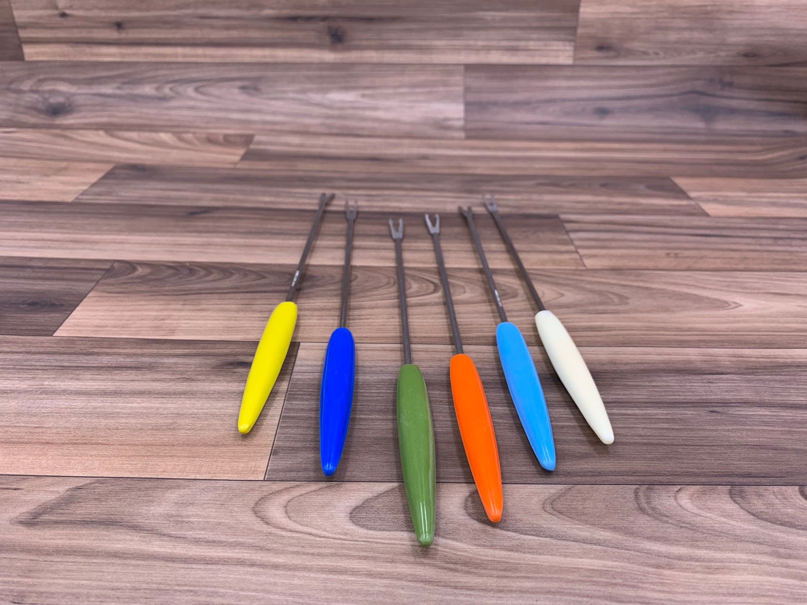 Vintage Fondue Forks, Retro Colored Plastic handles stainless steel