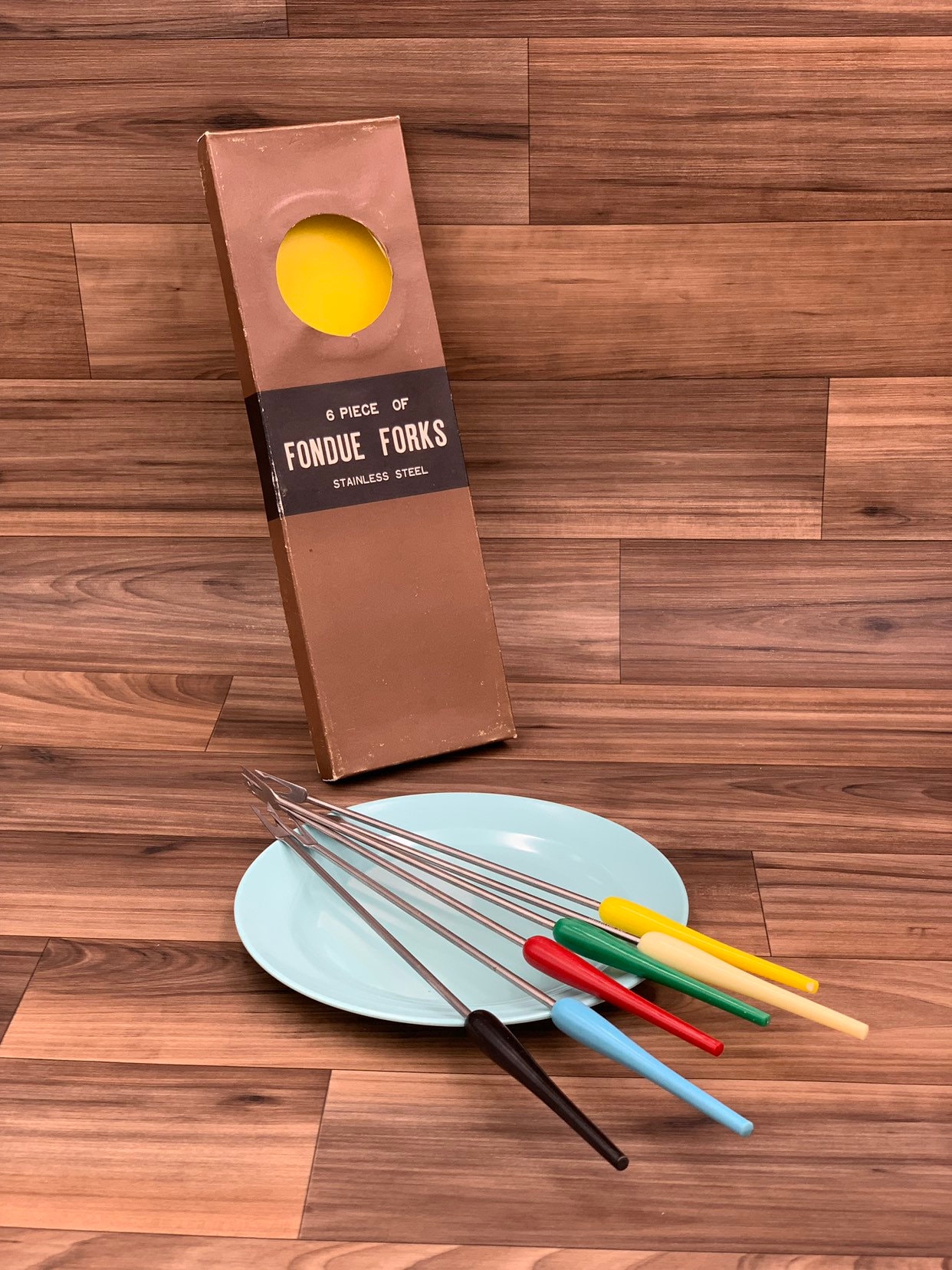 Vintage Fondue Forks, Retro Colored Plastic handles stainless steel