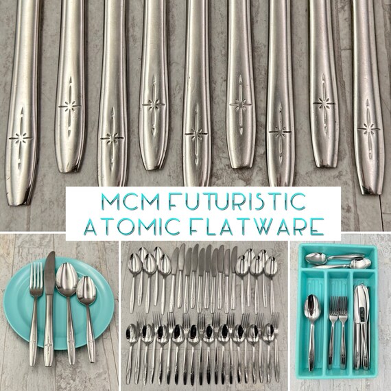 Rare Vintage Atomic Star Flatware, Futuristic Stainless silverware set, Mid Century CG Celestial, service for 10