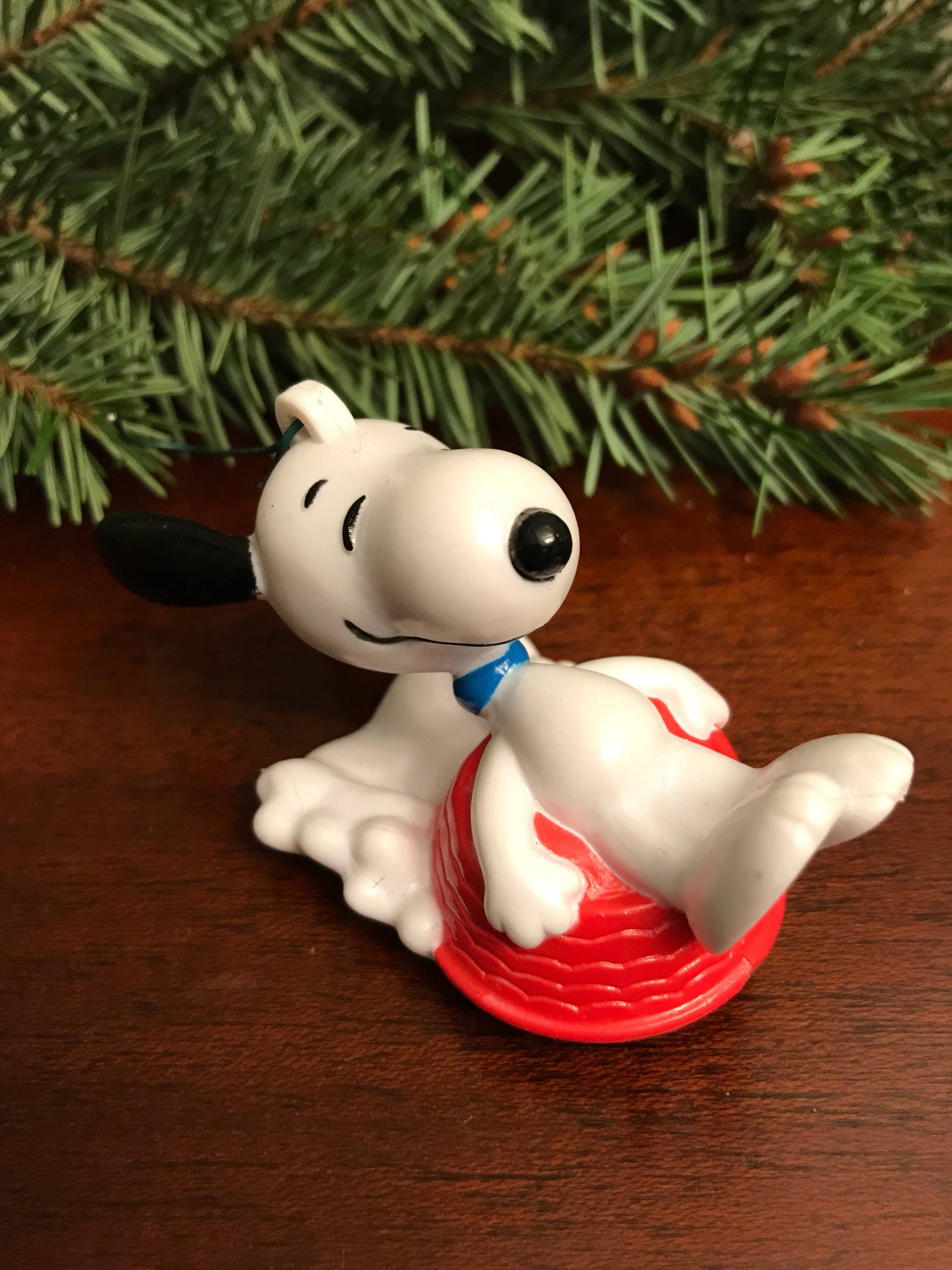 Vintage Snoopy Ornament, Sledding Snoopy, Peanuts figurine, Snoopy