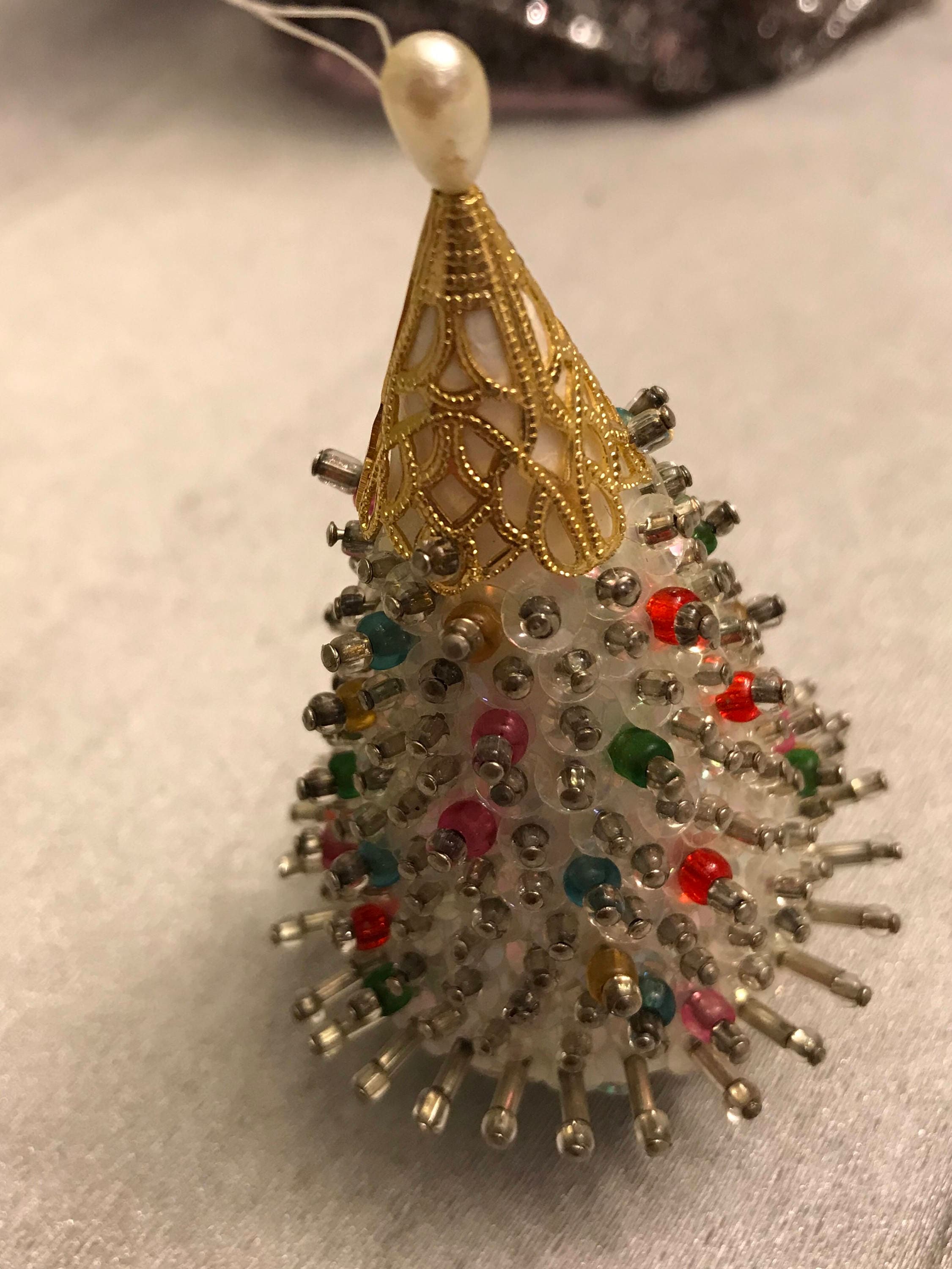 Vintage Beaded Sequined Christmas Tree Shaped Ornament, gold pink green