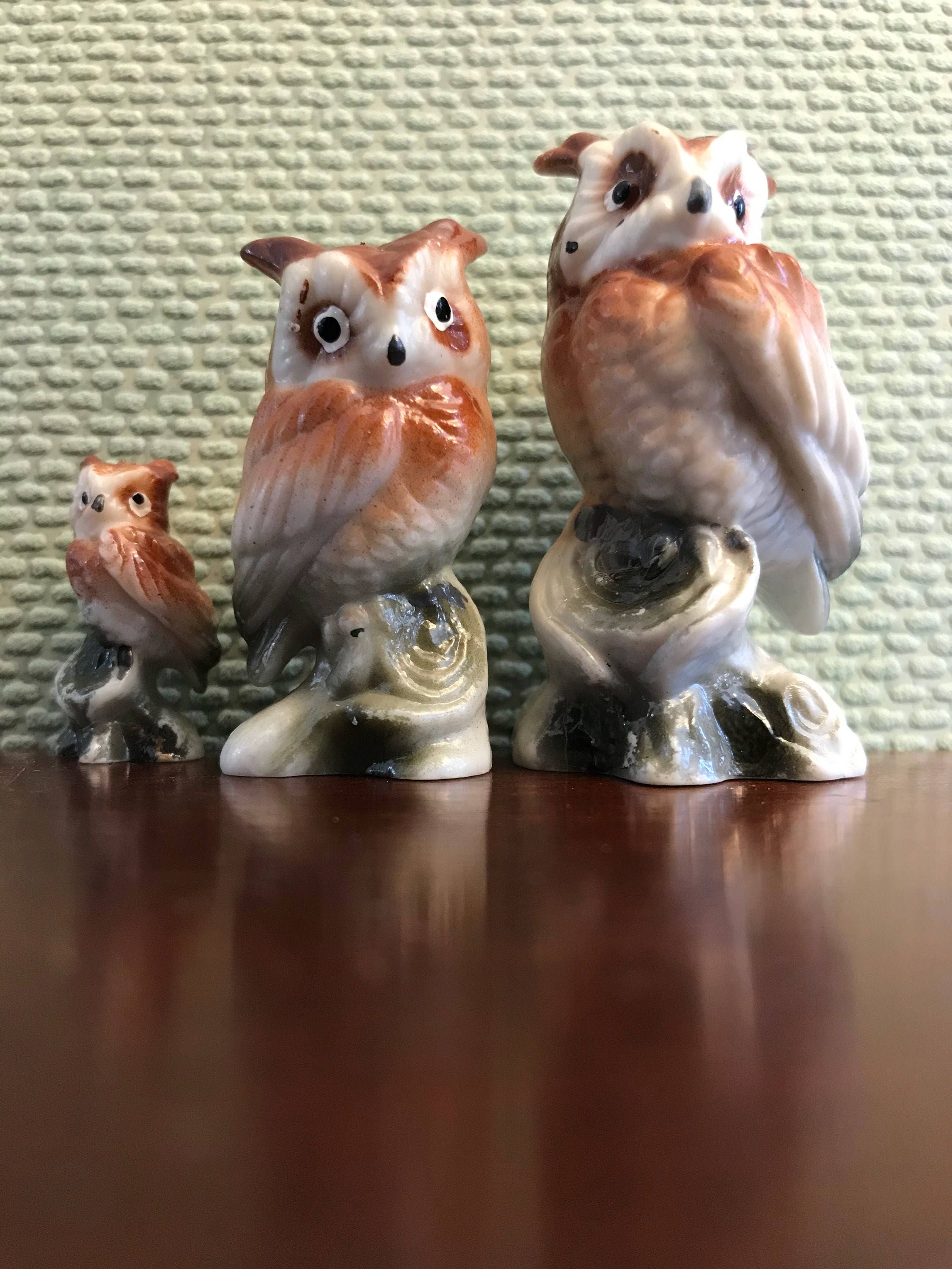 Vintage Owl figurines, Celluloid Owl Figurines, Woodland Miniatures