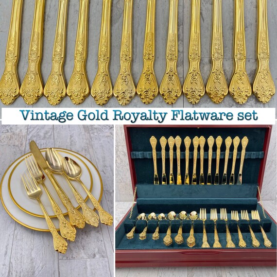 Vintage Gold Flatware set with silverware chest, service for 12, elegant gold plated Silverware Set, Wedding gift