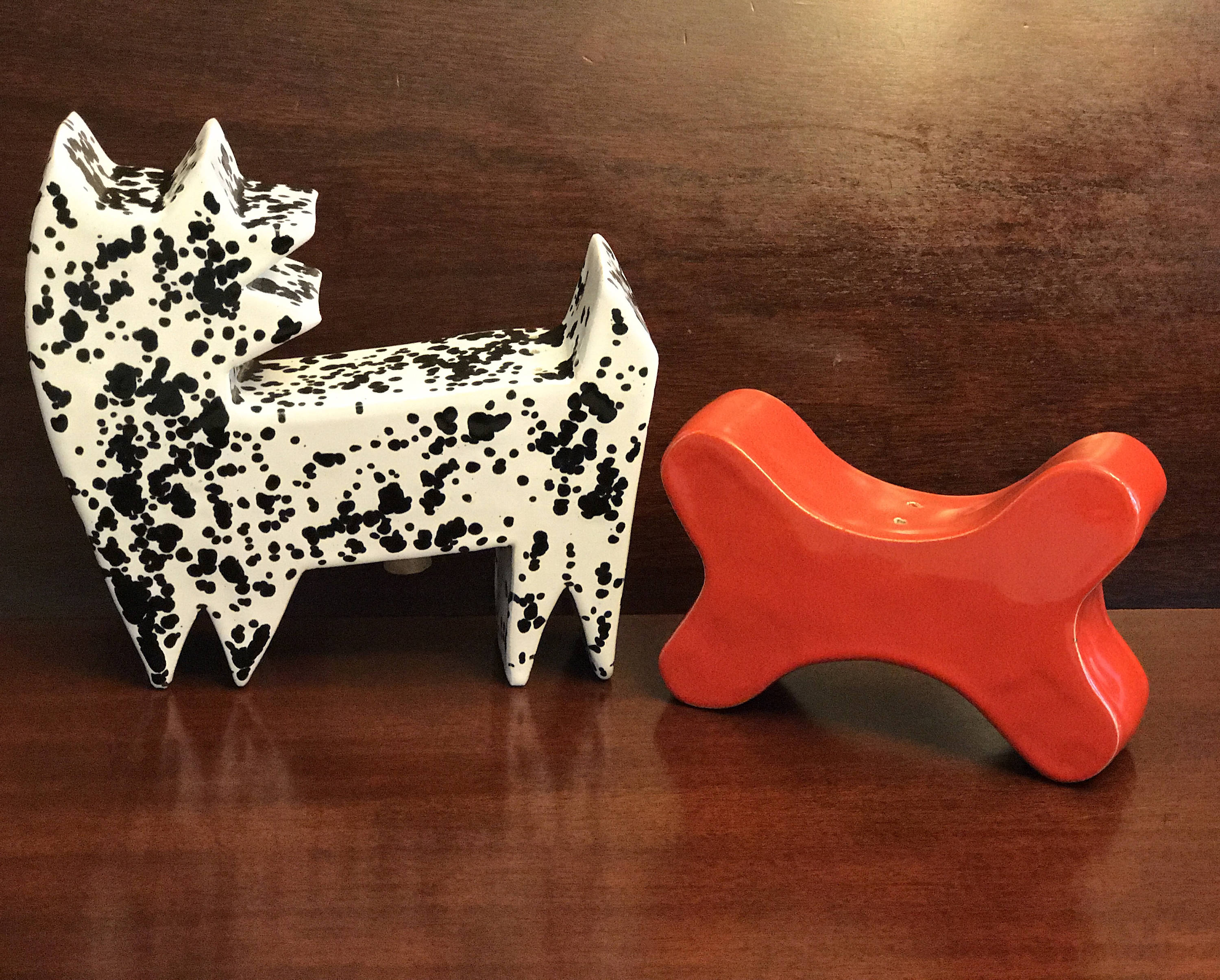 Large Dog and Bone Salt Pepper Shakers, Abstract Ceramic Art Salt Pepper Shakers, collectible