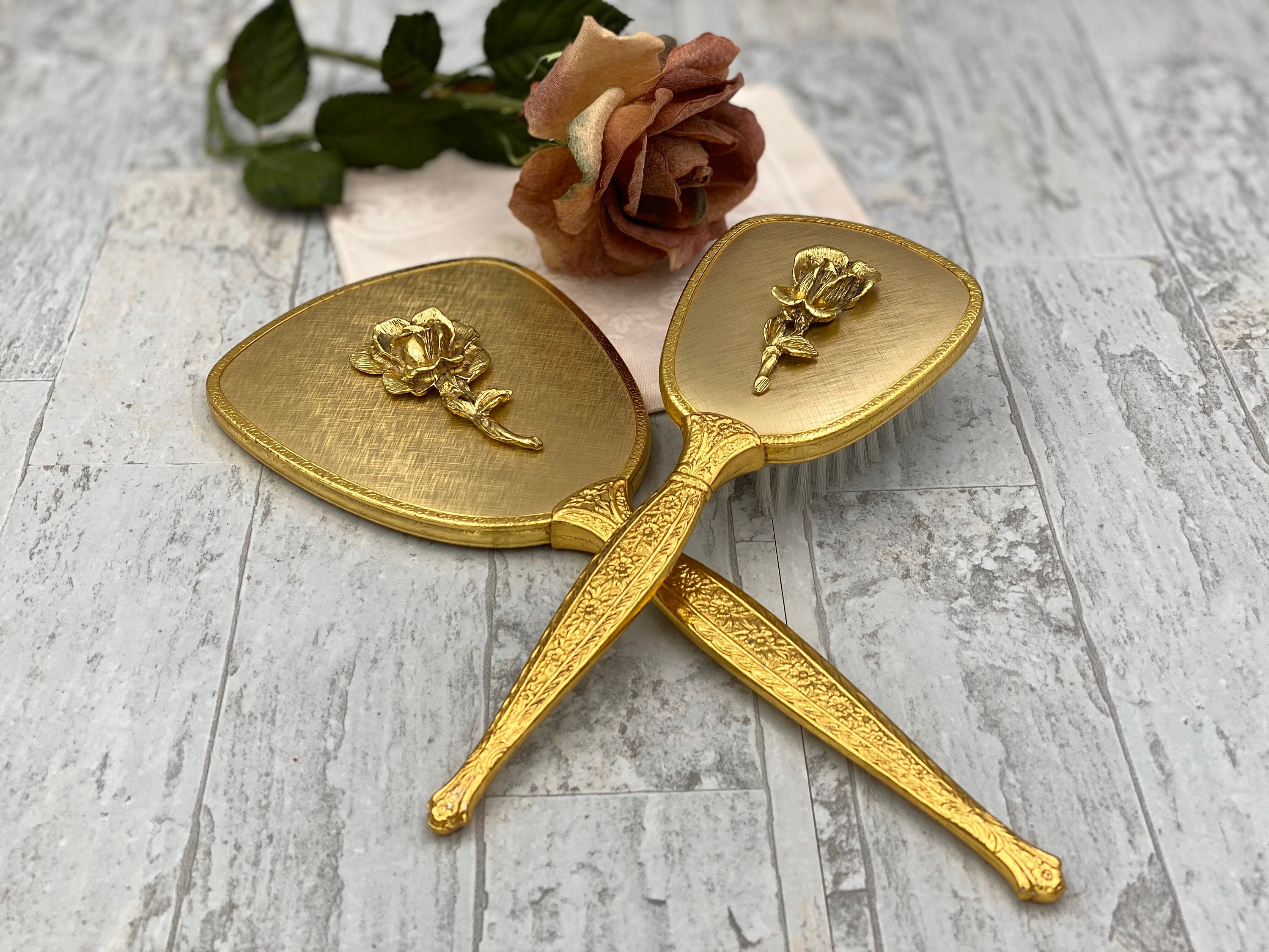 Vintage Gold Vantity Set 24 Kt Gold plated dresser set, Hand mirror